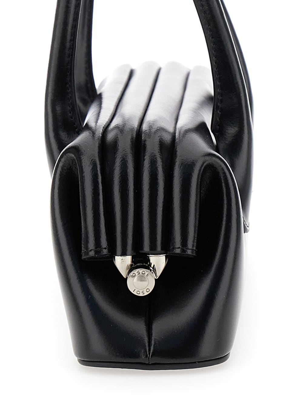 Osoi Boat Wide Mini Black Shoulder Bag With Round Handles And Logo Lettering On The Front In Leather Woma In Black