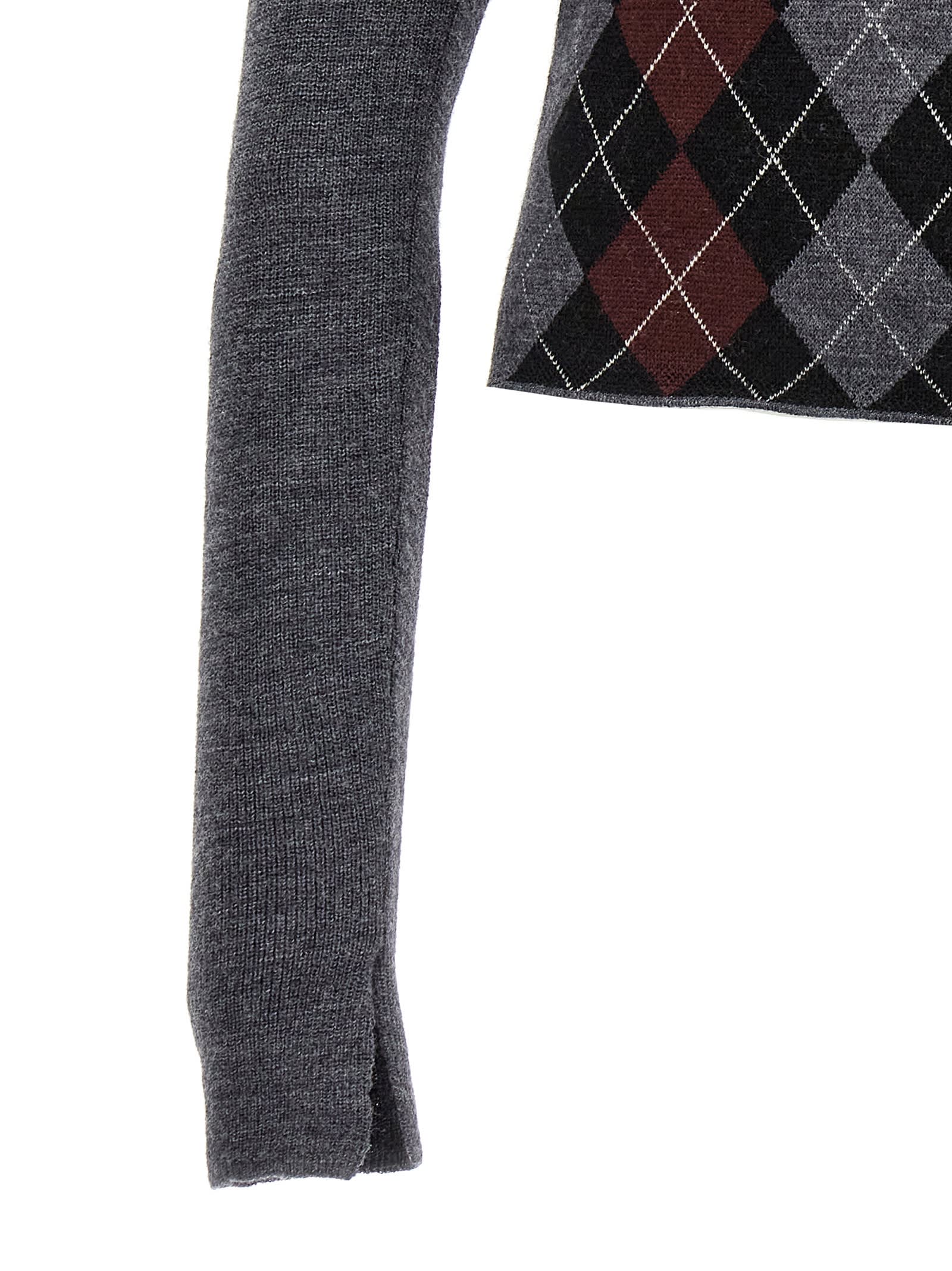 Ganni Grey Sweater With Classic Collar And Check Motif On The Front In Wool Woman In Gray