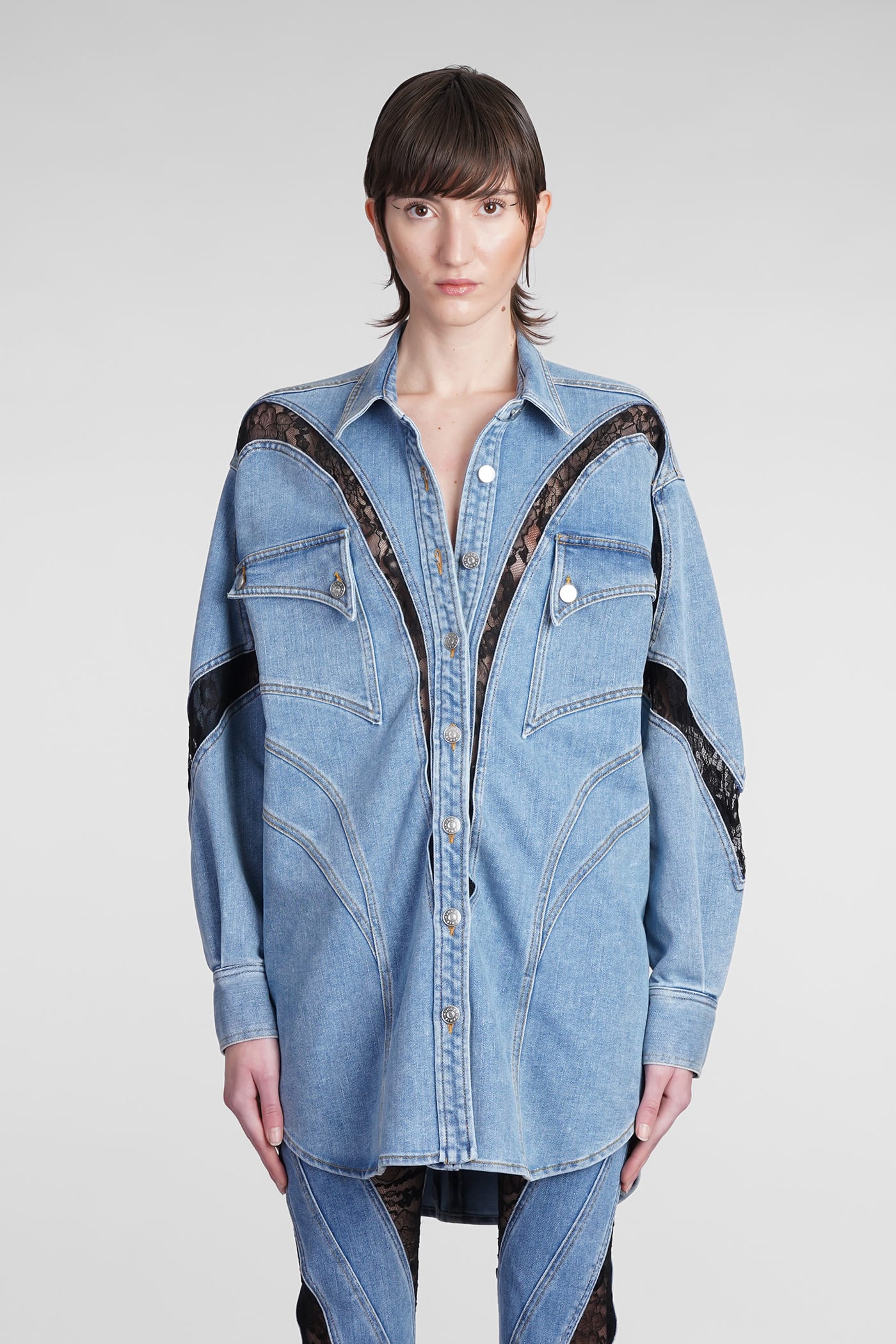 Mugler Lace Panel Denim Shirt Medium Blue And Black In Cyan