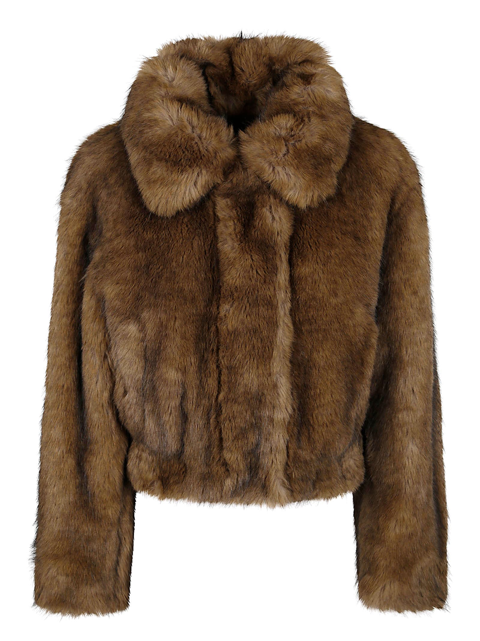 Stand Studio Cropped Faux Fur Coat With Plush Texture And Wide Collar In Brown