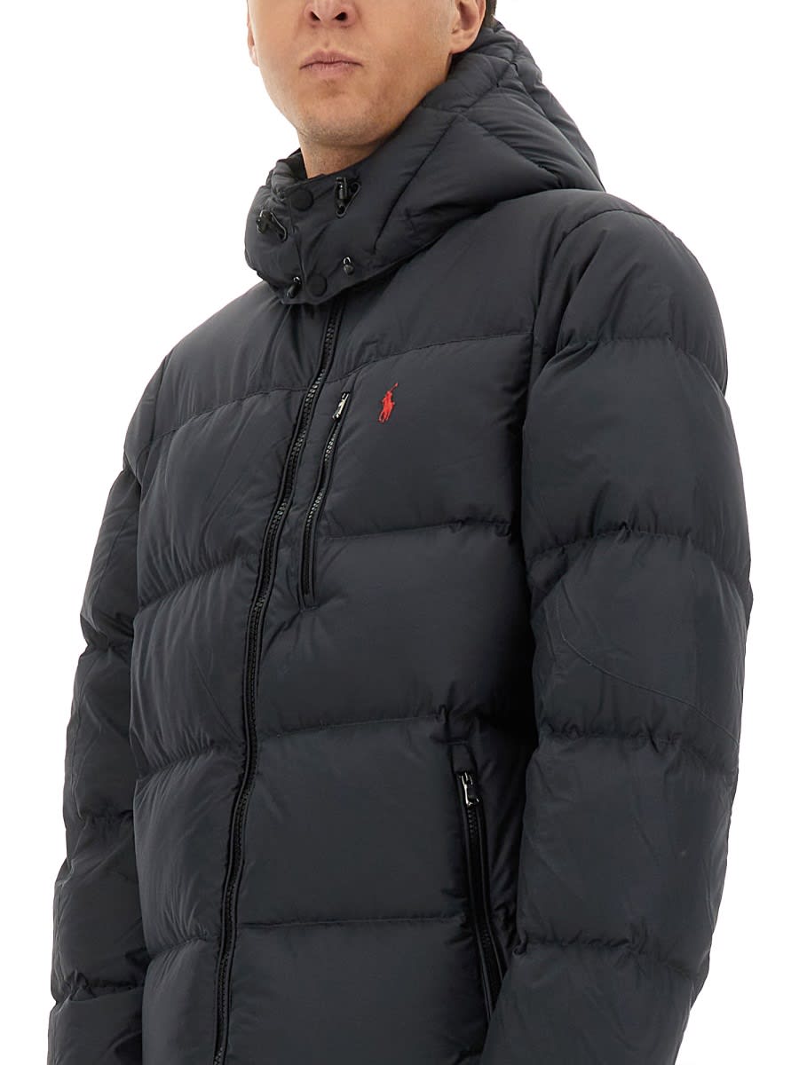 Polo Ralph Lauren Blue Down Jacket With Fixed Hood And Embroidered Pony Logo On Chest In Tech Fabric Man In Black