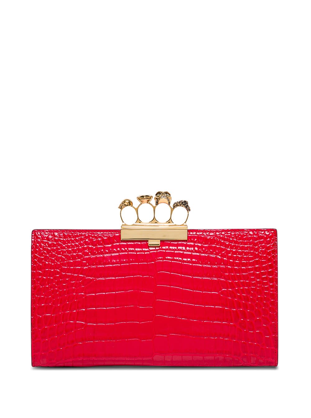 Alexander McQueen Skull Ring Handbag In Red Crocodile Printed Leather