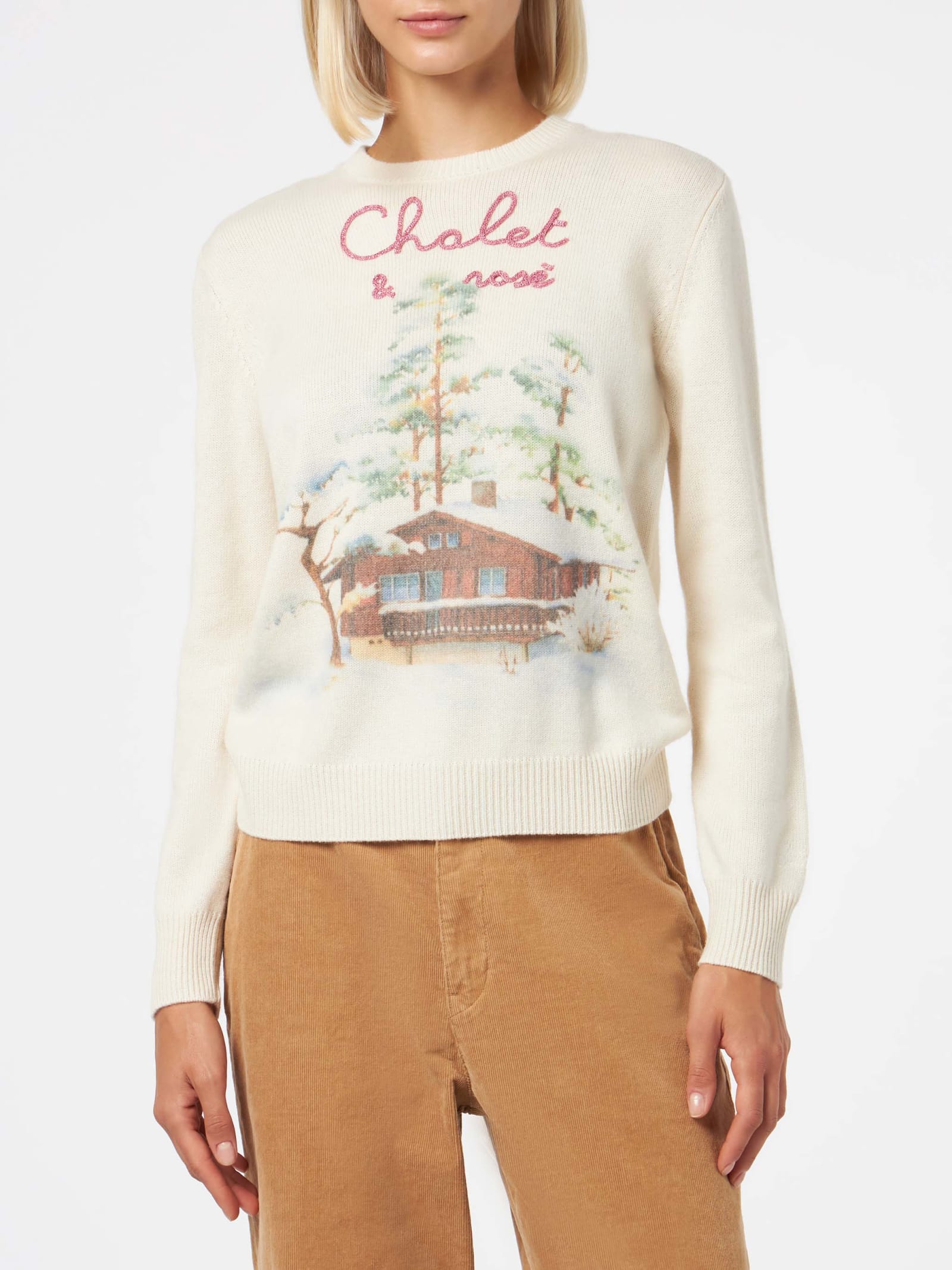 Shop Mc2 Saint Barth Woman Crewneck Sweater With Chalet & Rosè Embroidery In White