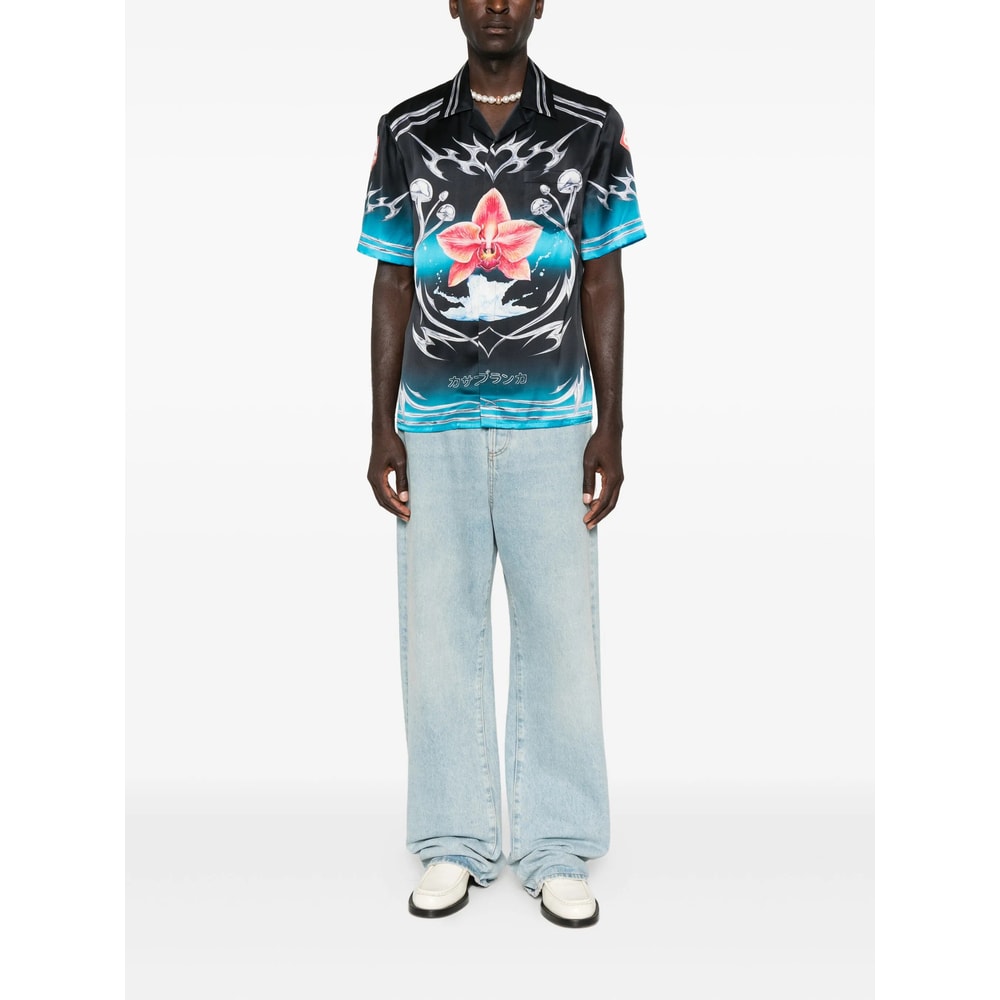 Casablanca Black Blades Short Sleeve Silk Satin Shirt In Multi