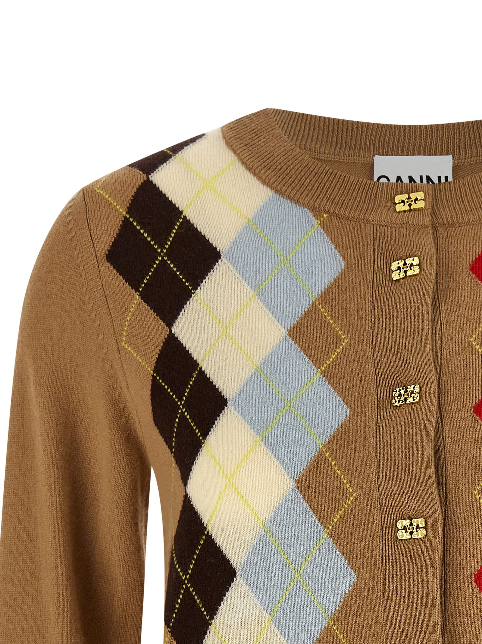 Ganni Diamond-shaped Cardigan Sweaters And Cardigans Beige In Multi