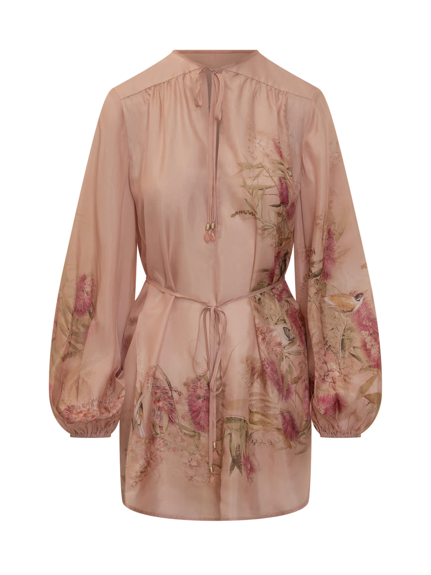 Zimmermann Pink Botanical Floral Silk Habotai Cascadian Tunic Top In Pink
