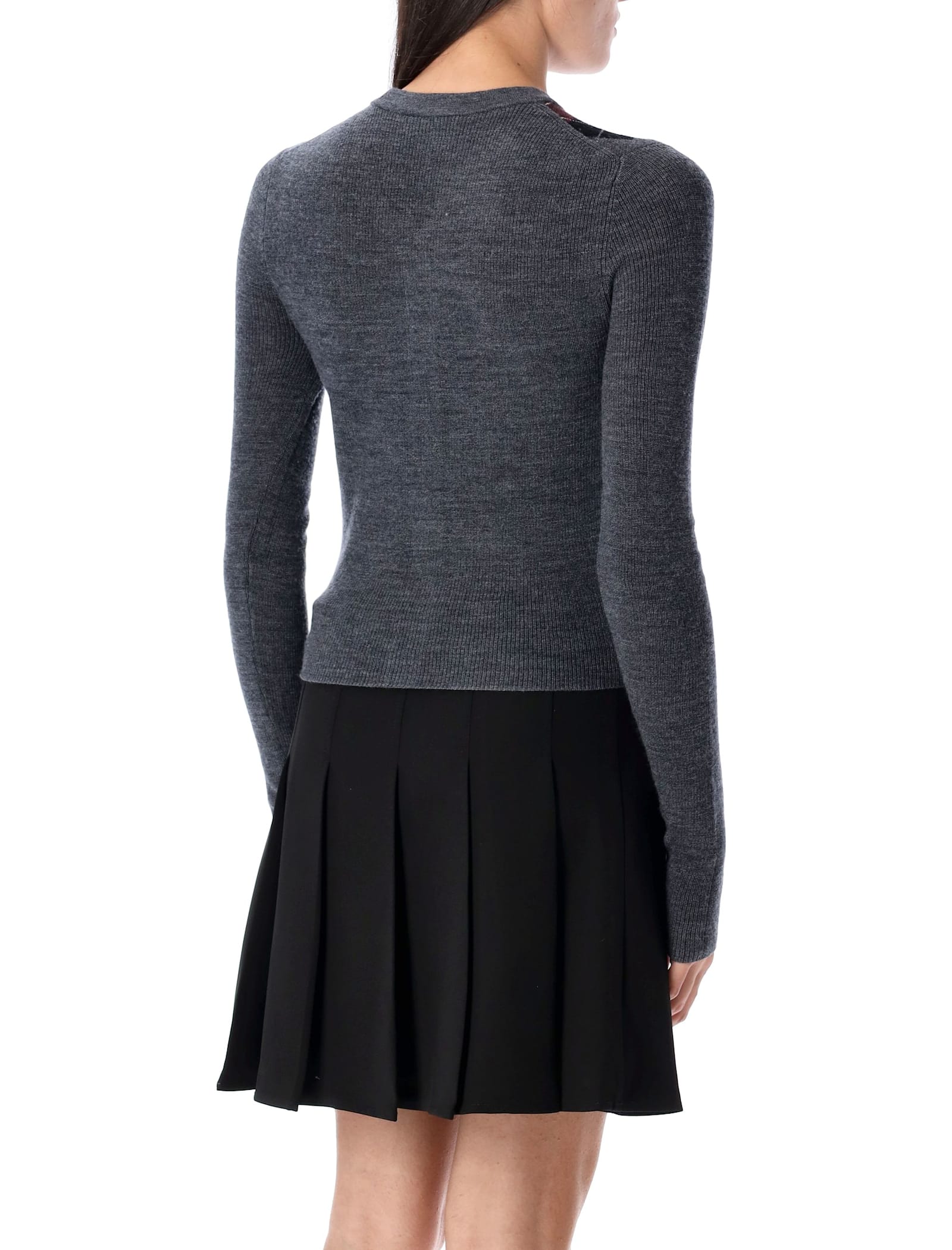 Ganni Grey Sweater With Classic Collar And Check Motif On The Front In Wool Woman