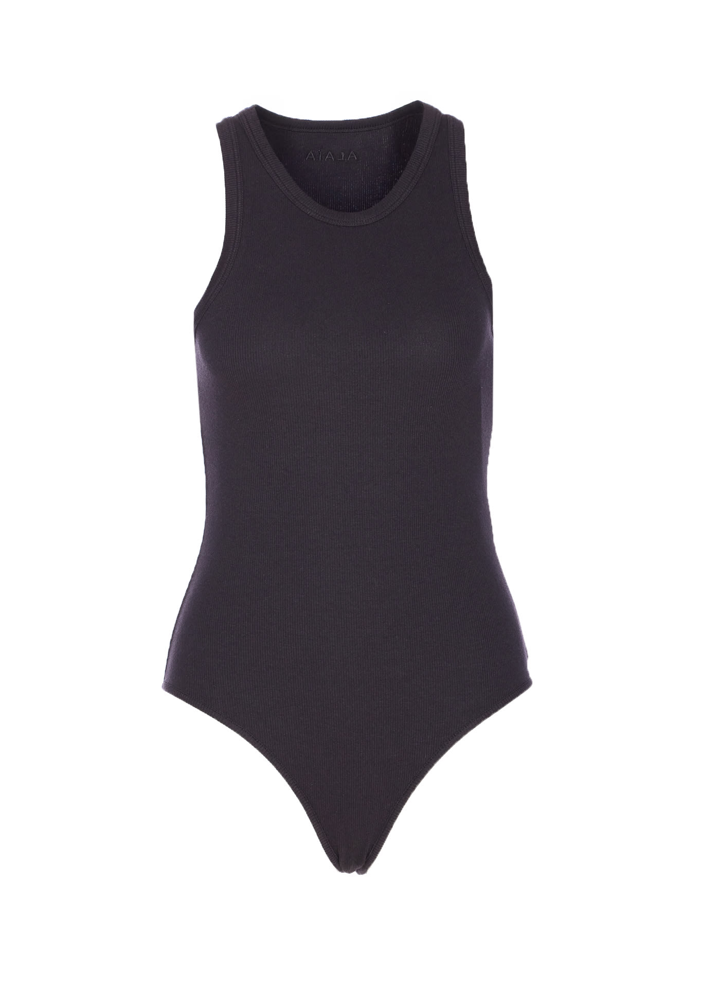 Alaïa Ribbed Texture High Neckline Sleeveless Thong Cut In Black