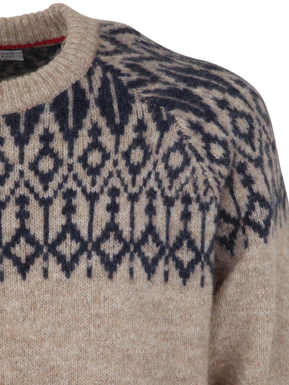Shop Brunello Cucinelli Jacquard Crew Neck Sweater In Sand Indigo Blue