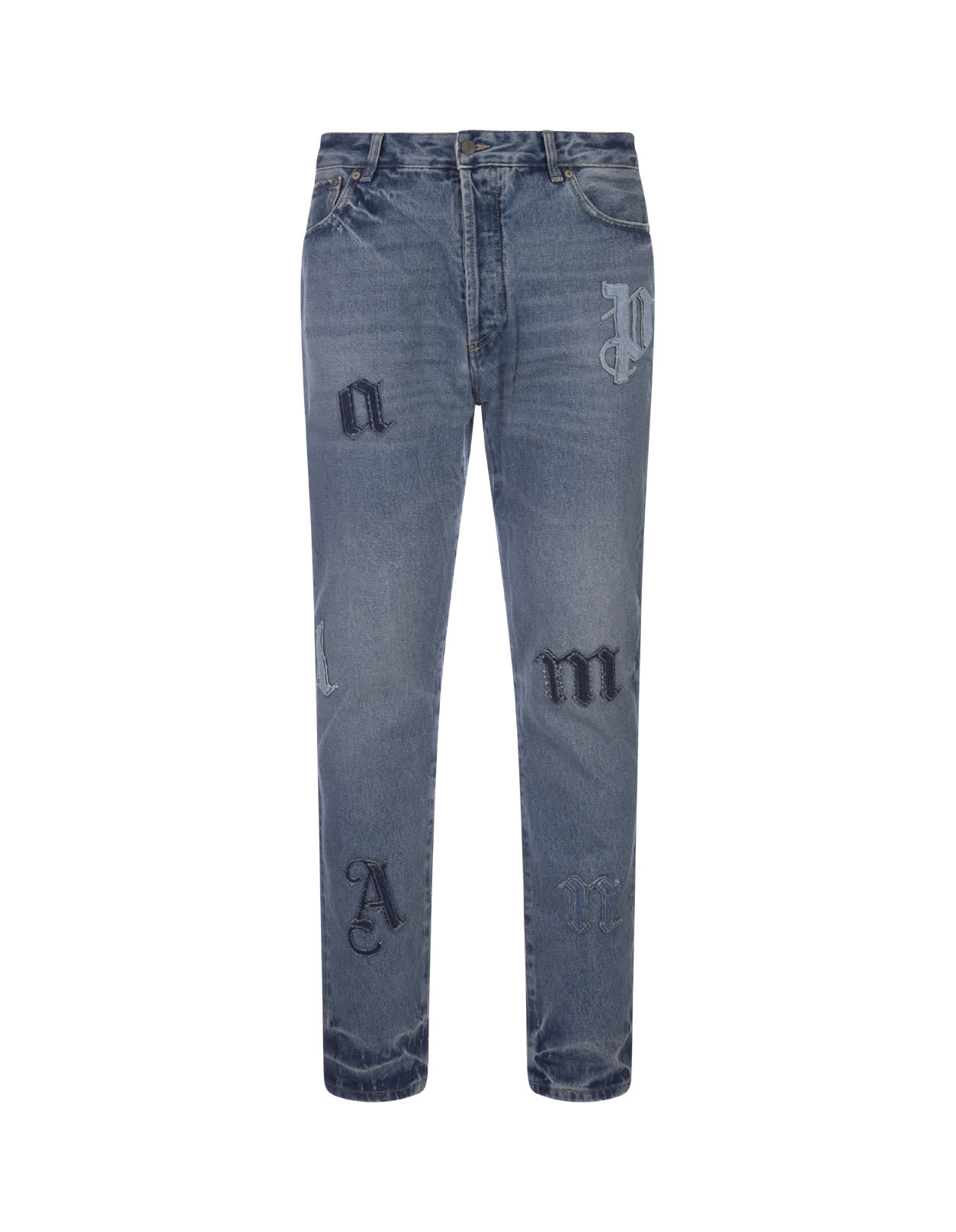 Palm Angels Slim Fit Jeans In Blue Denim With Application