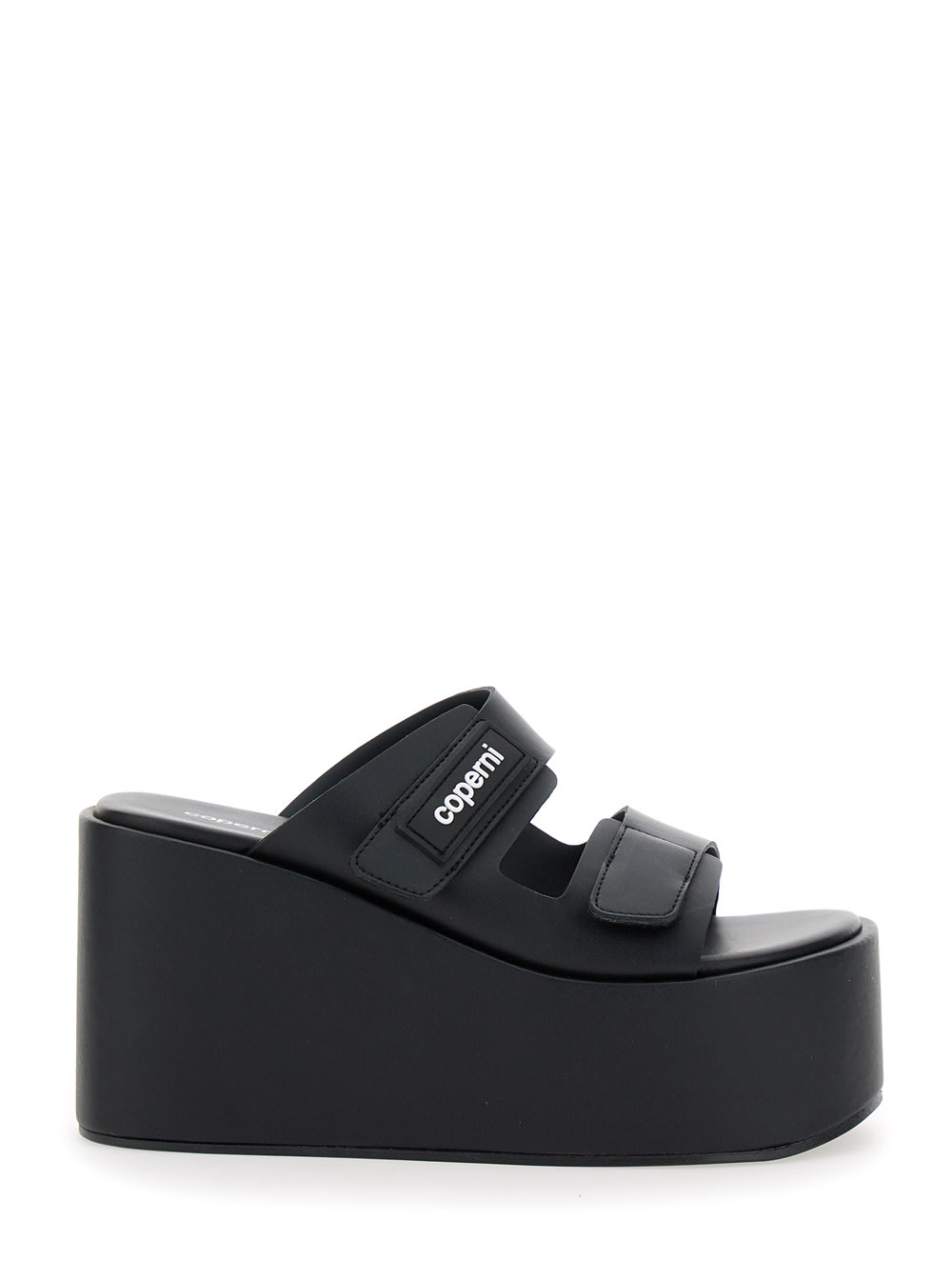 Black Wedges With Logo Patch On The Front And Touch-strap Closure In Leather Woman