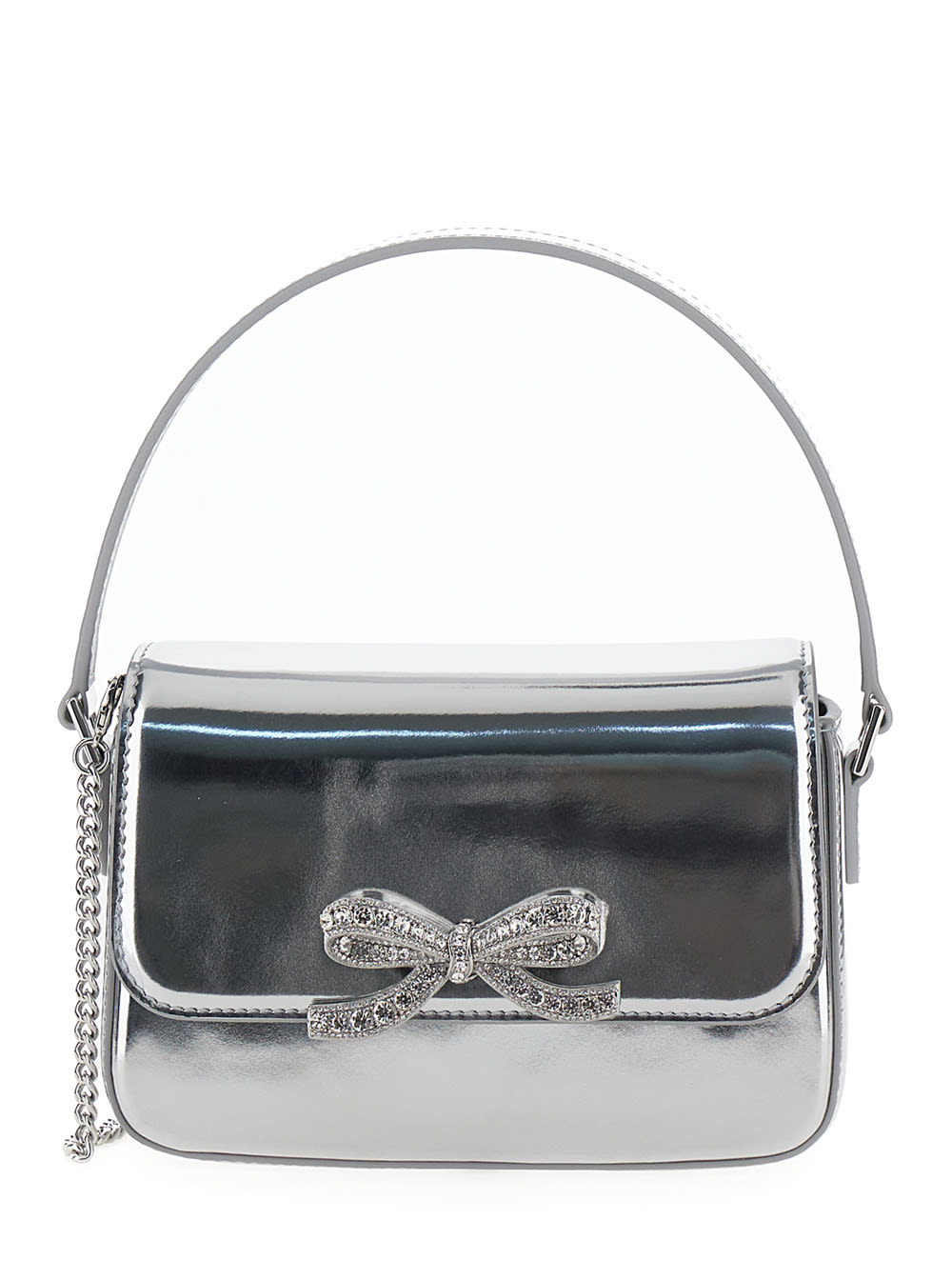 Shop Self-portrait Micro Silver Handbag With Bow Detail In Metallic Leather Woman In Grey