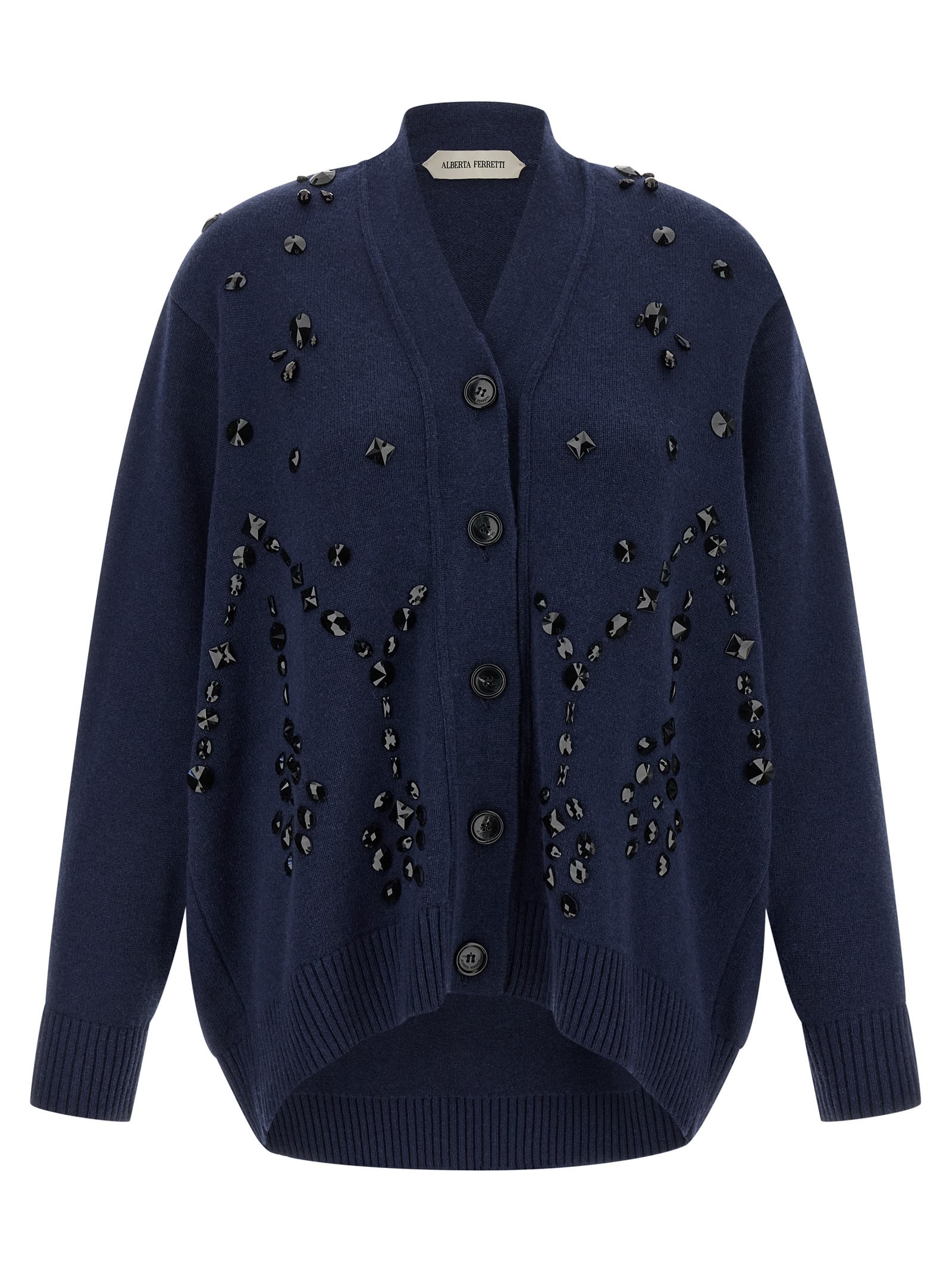 Alberta Ferretti V-neck Cashmere And Silk Blend Cardigan With Crystal Embroidery In Blue
