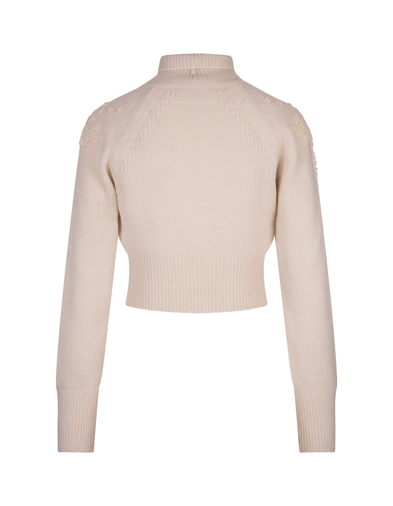 ERMANNO SCERVINO WHITE SHORT SWEATER WITH ETHNIC EMBROIDERY IN TONE 