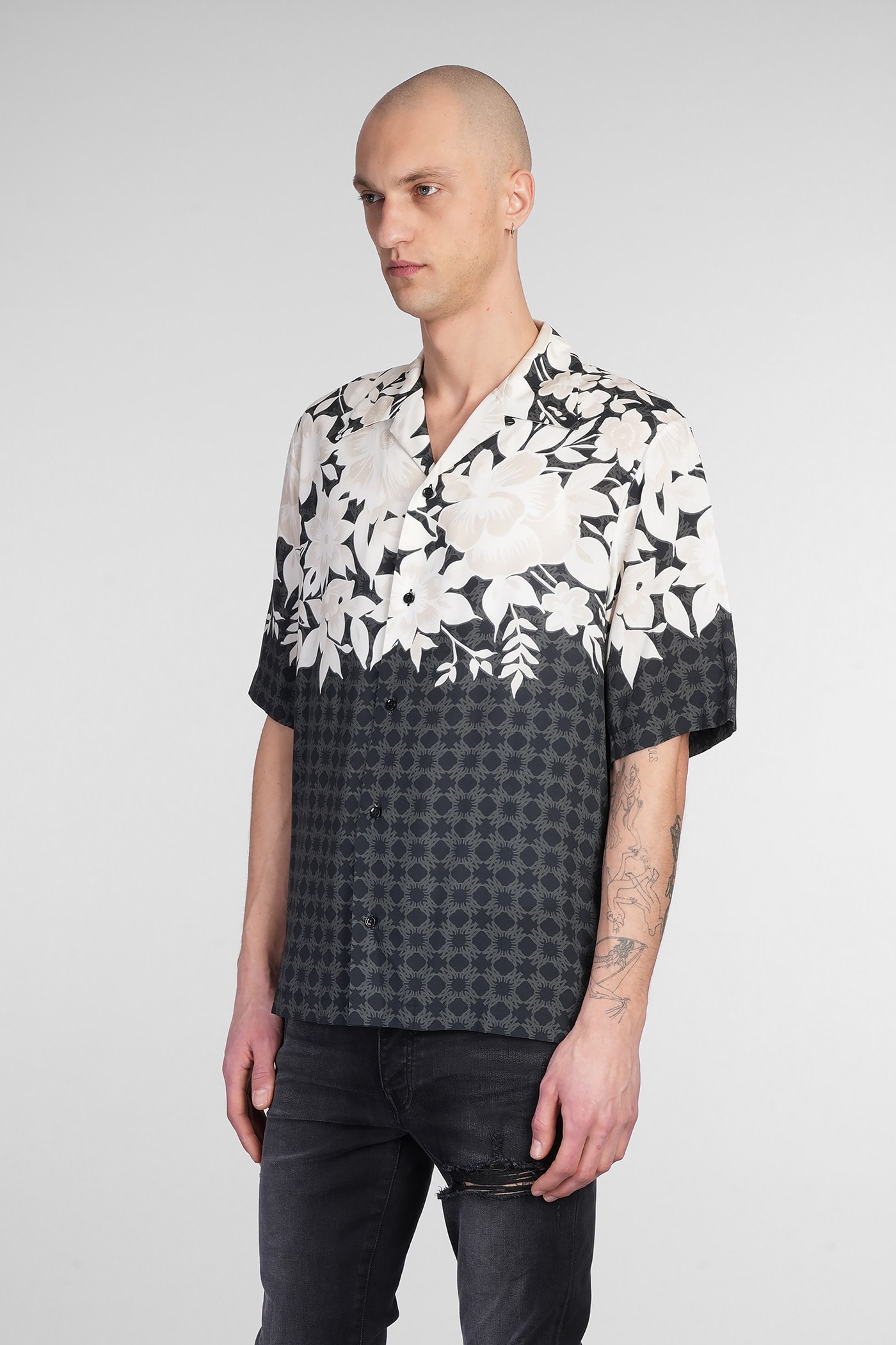 Amiri Garden Black Bowling Shirt With Cuban Collar And All-over Floral Print In Tech Fabric Man In Black