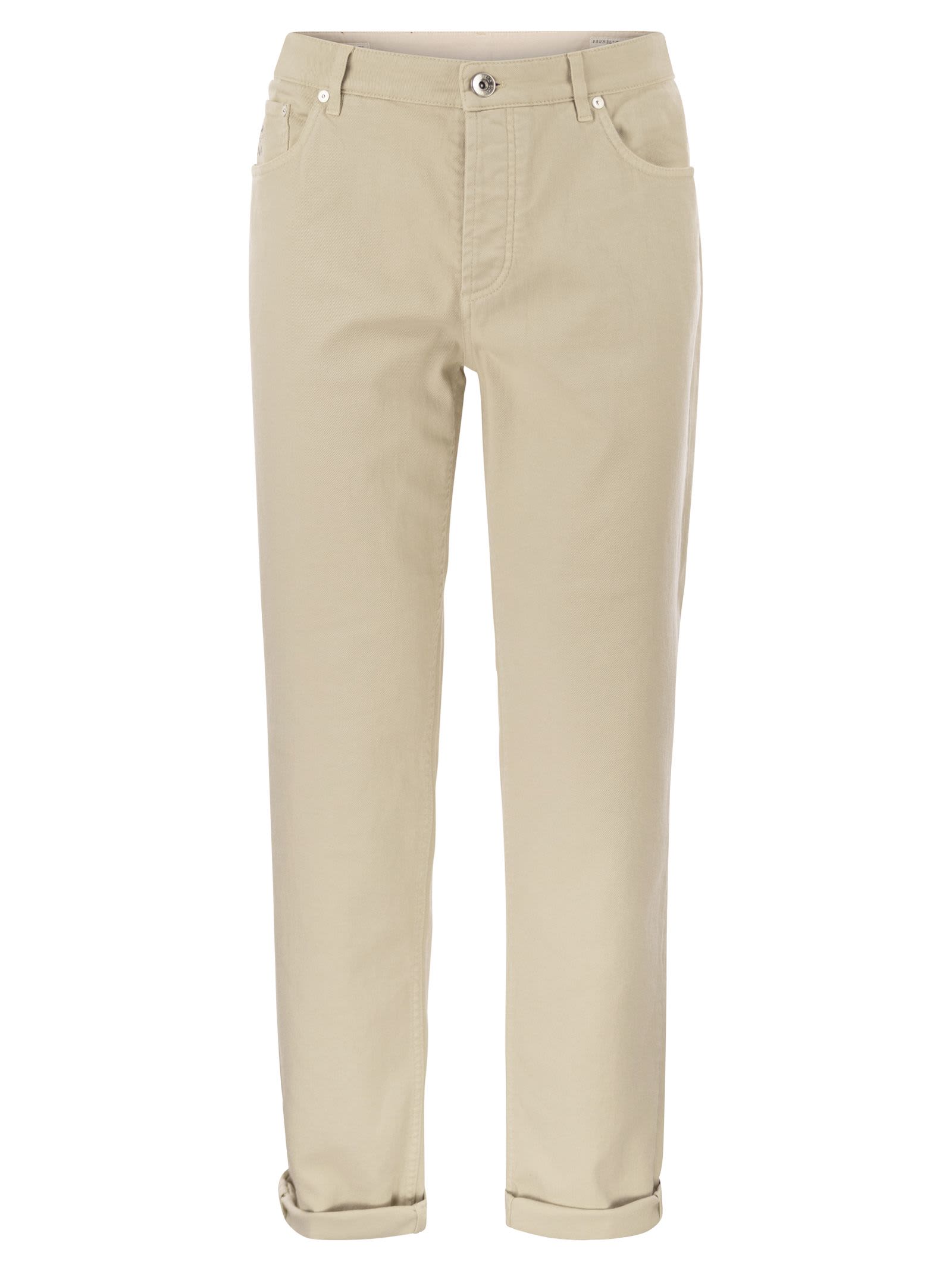 Shop Brunello Cucinelli Five-pocket Traditional Fit Trousers In Light Comfort-dyed Denim In Beige