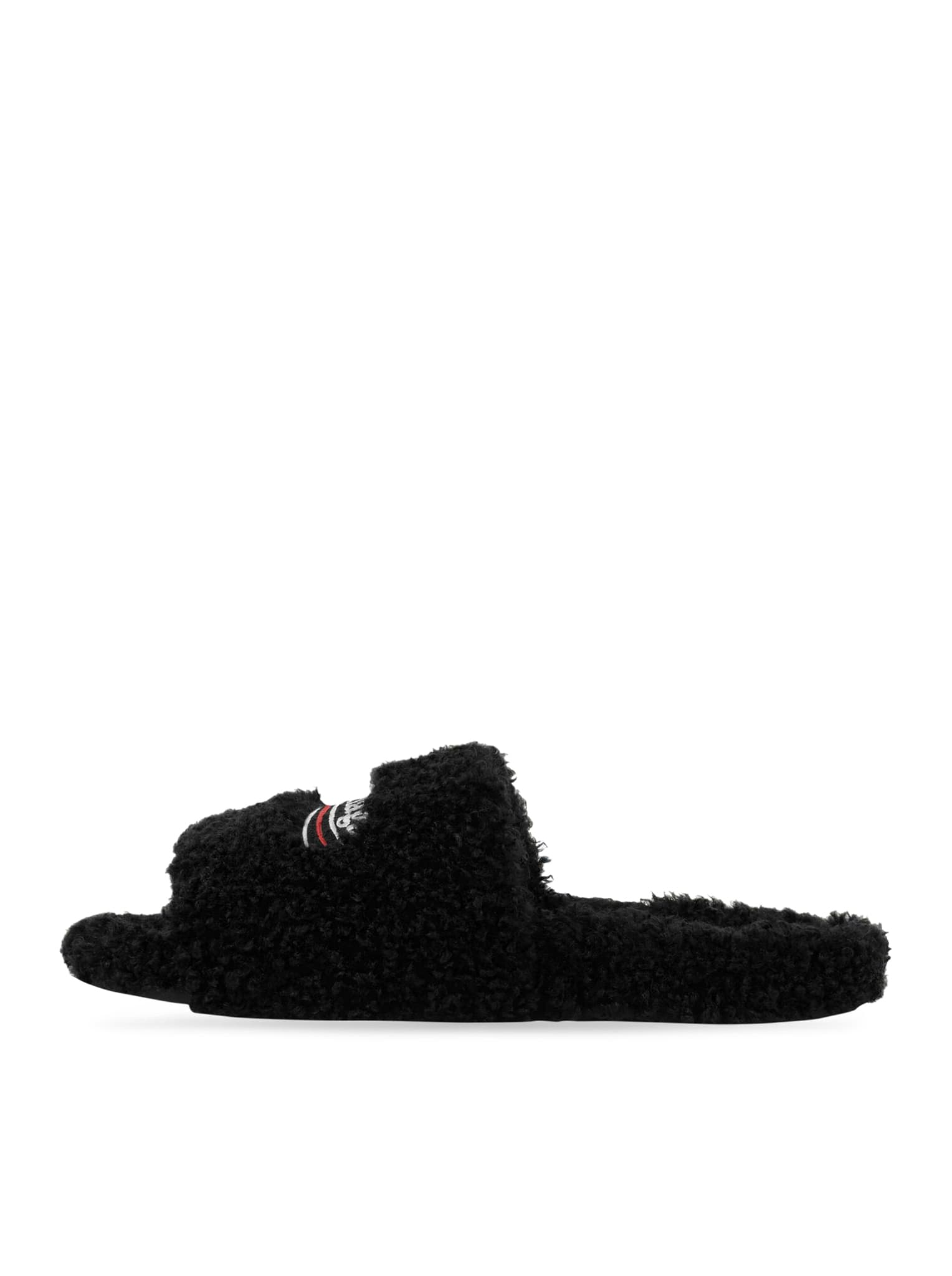 Women's Furry Slide Sandal in Black/white/red