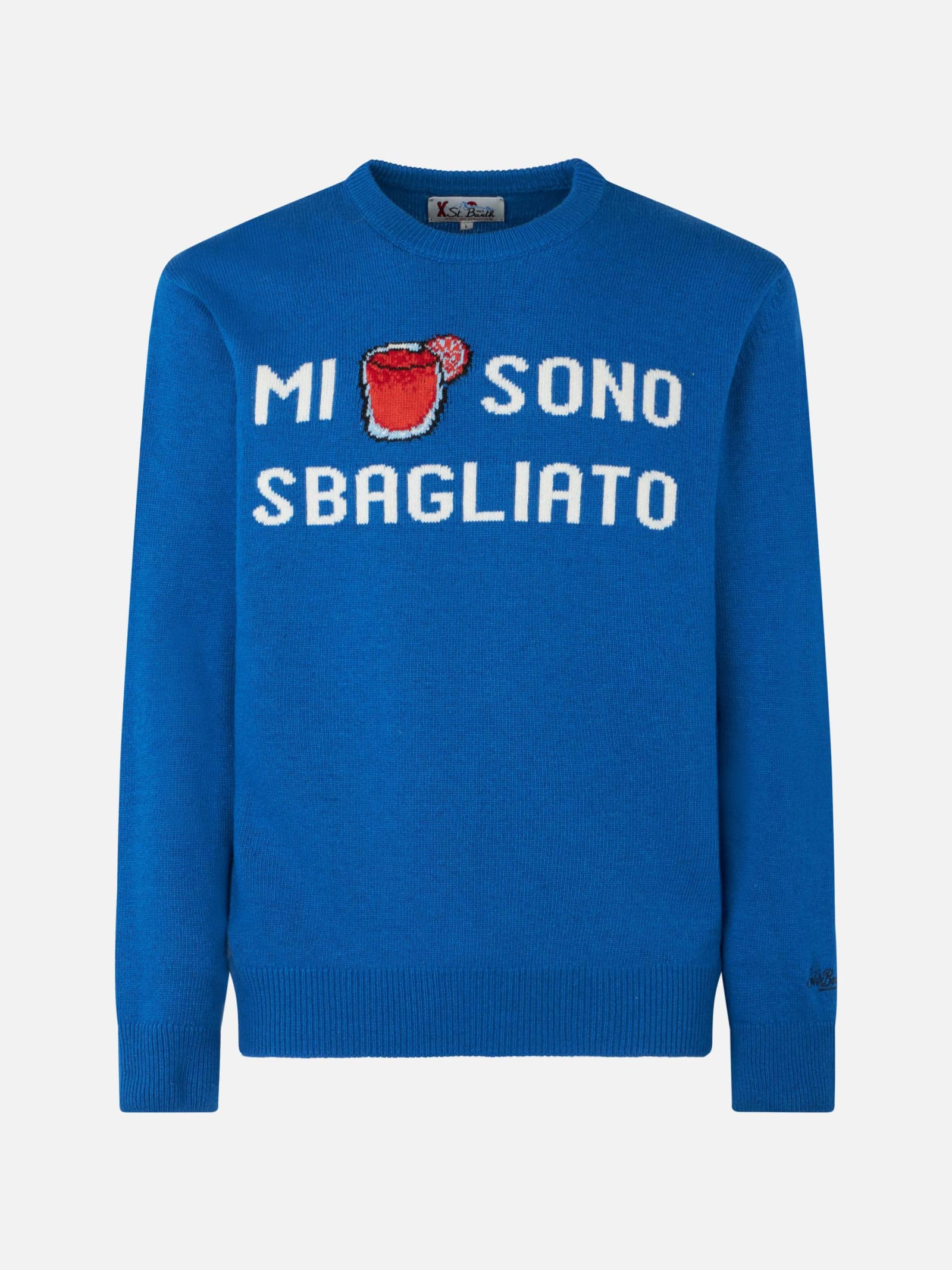 Mc2 Saint Barth Man Crewneck Sweater With Mi Sono Sbagliato Jacquard In Blue