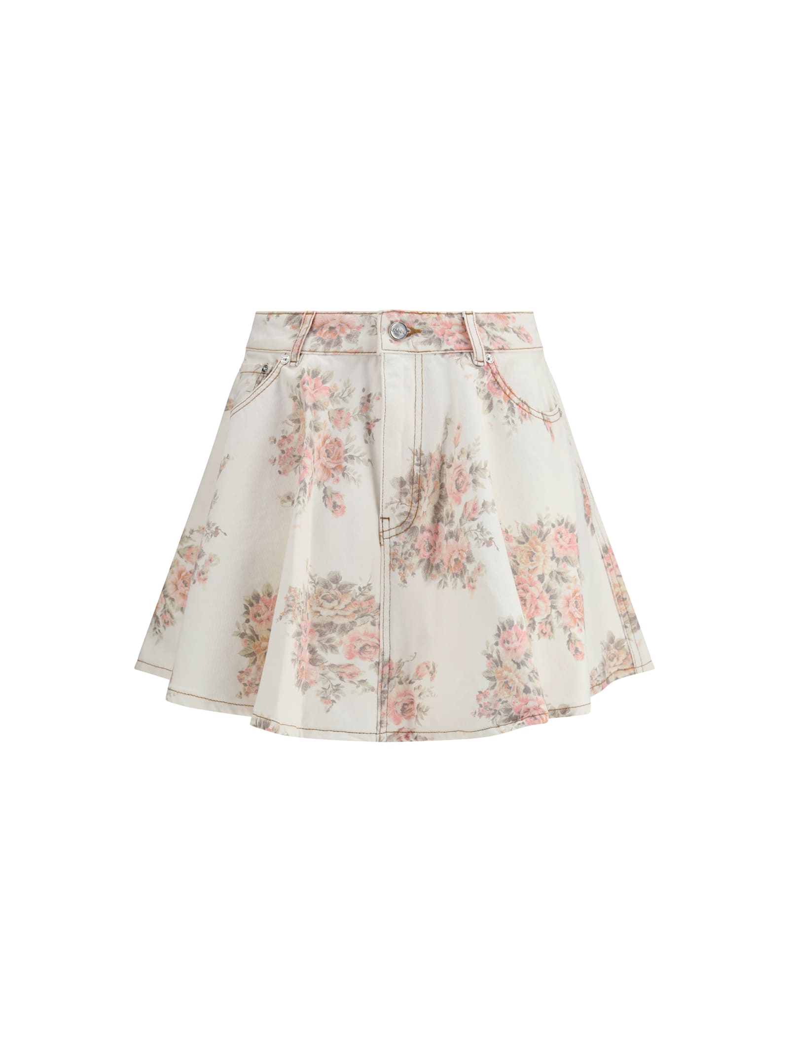 Ganni Women Floral Print Denim Miniskirt In White