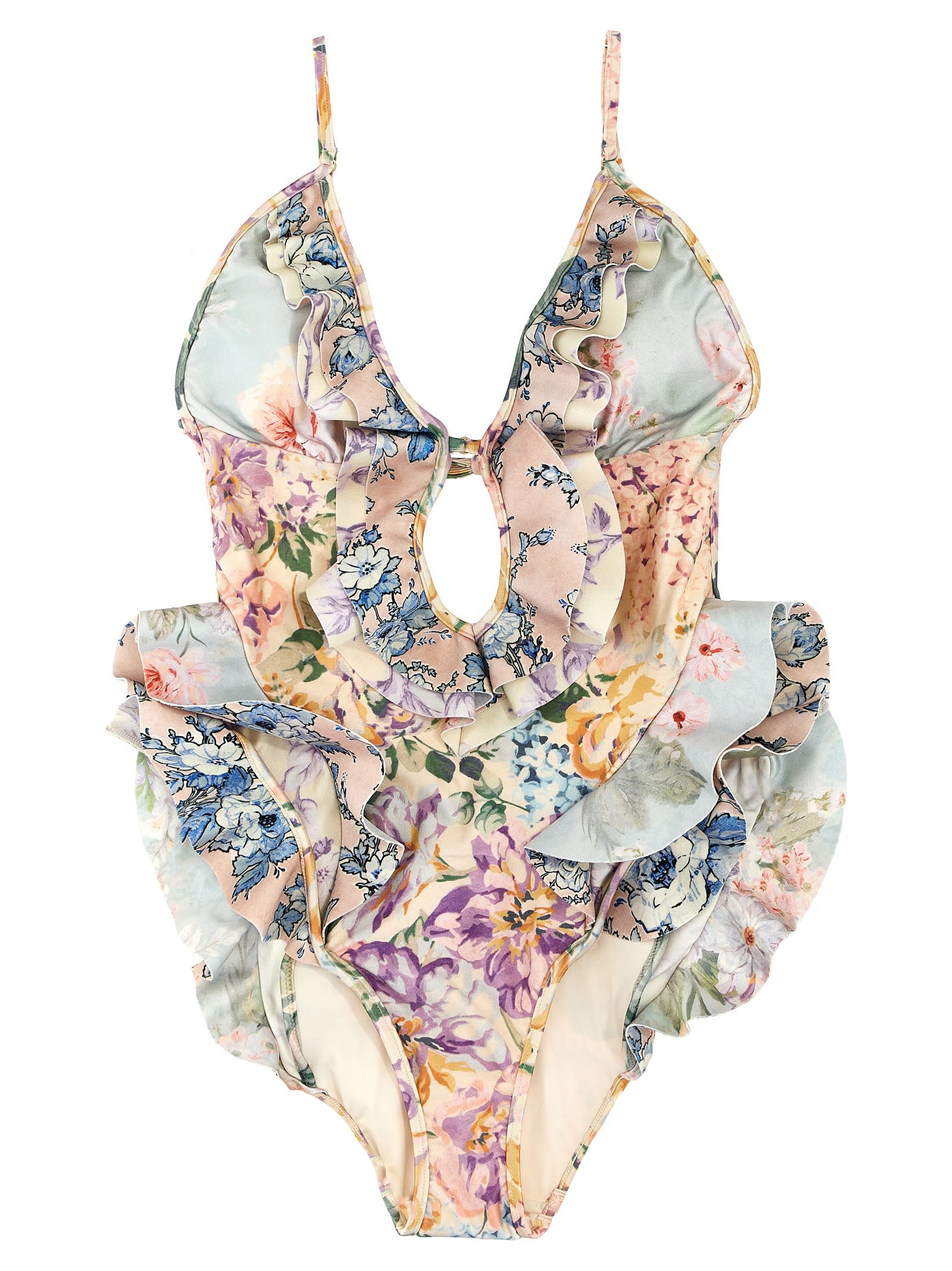 Shop Zimmermann Halliday Waterfall Frill One-piece Swimsuit In Multicolour