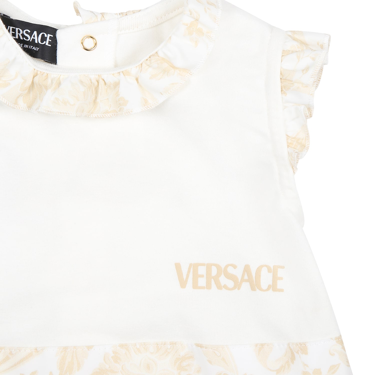 Shop Versace Beige Romper For Babykids With Baroque Print