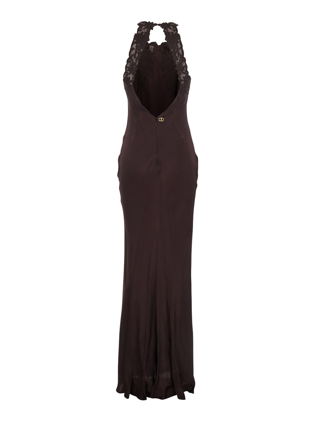 Twinset Brown Halterneck Long Dress With Lace Embellishment On The Rear In Viscose Woman In Brown