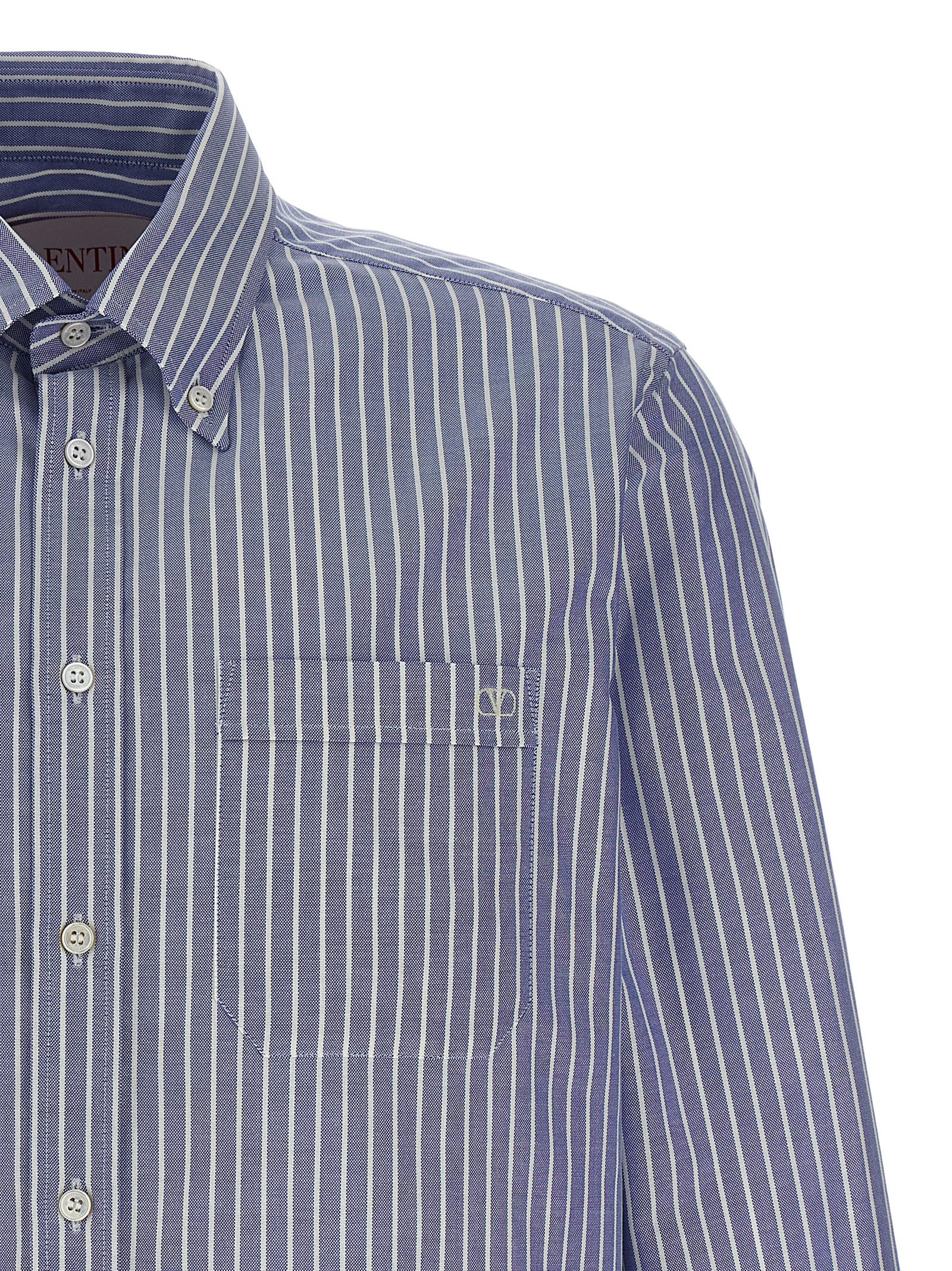 Valentino Logo Shirt With Vertical Stripes And Front Pocket In Blue