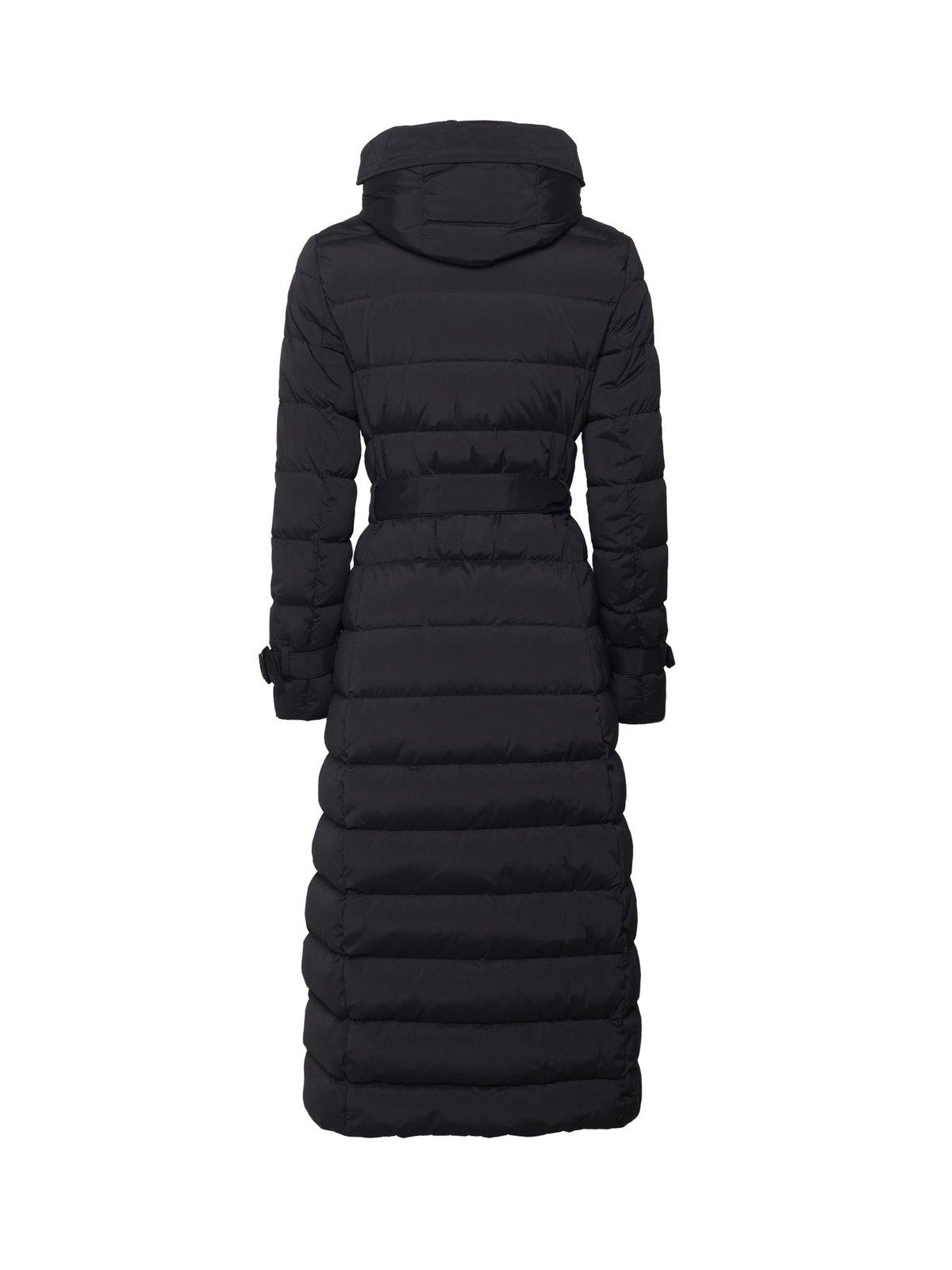 Shop Burberry Double Breasted Hooded Belted Down Coat In Black