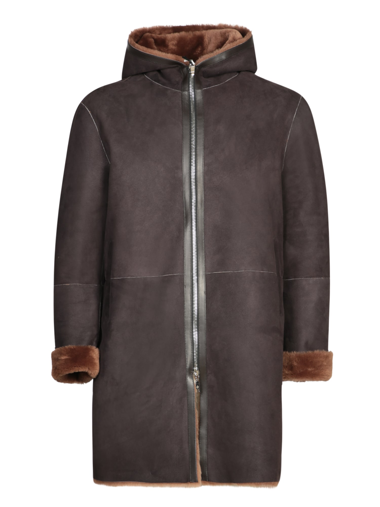 Shop Tagliatore Long Brown Leather Sheepskin Coat