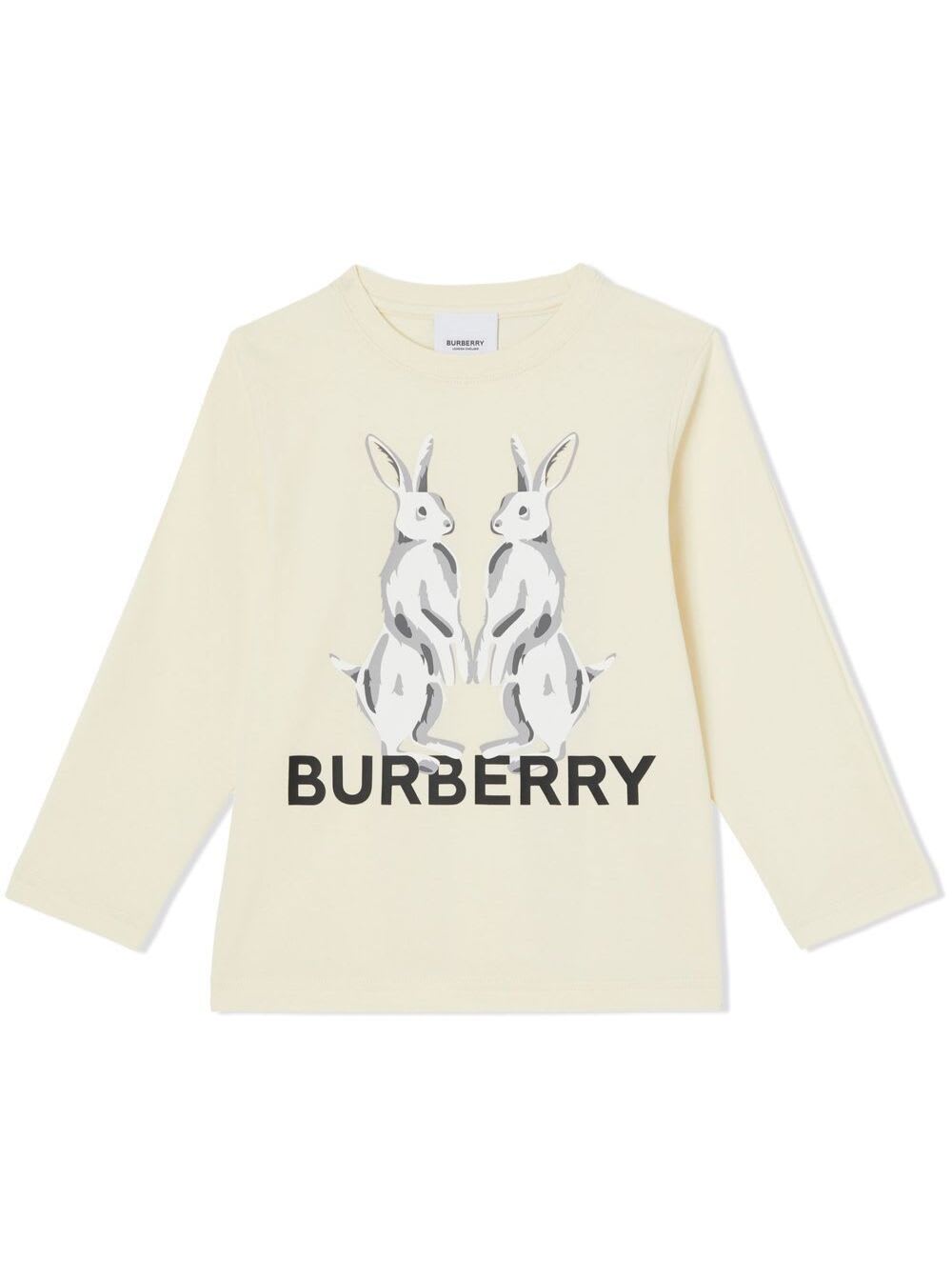 Hare Printed White Cotton T-shirt Girl Burberry Kids