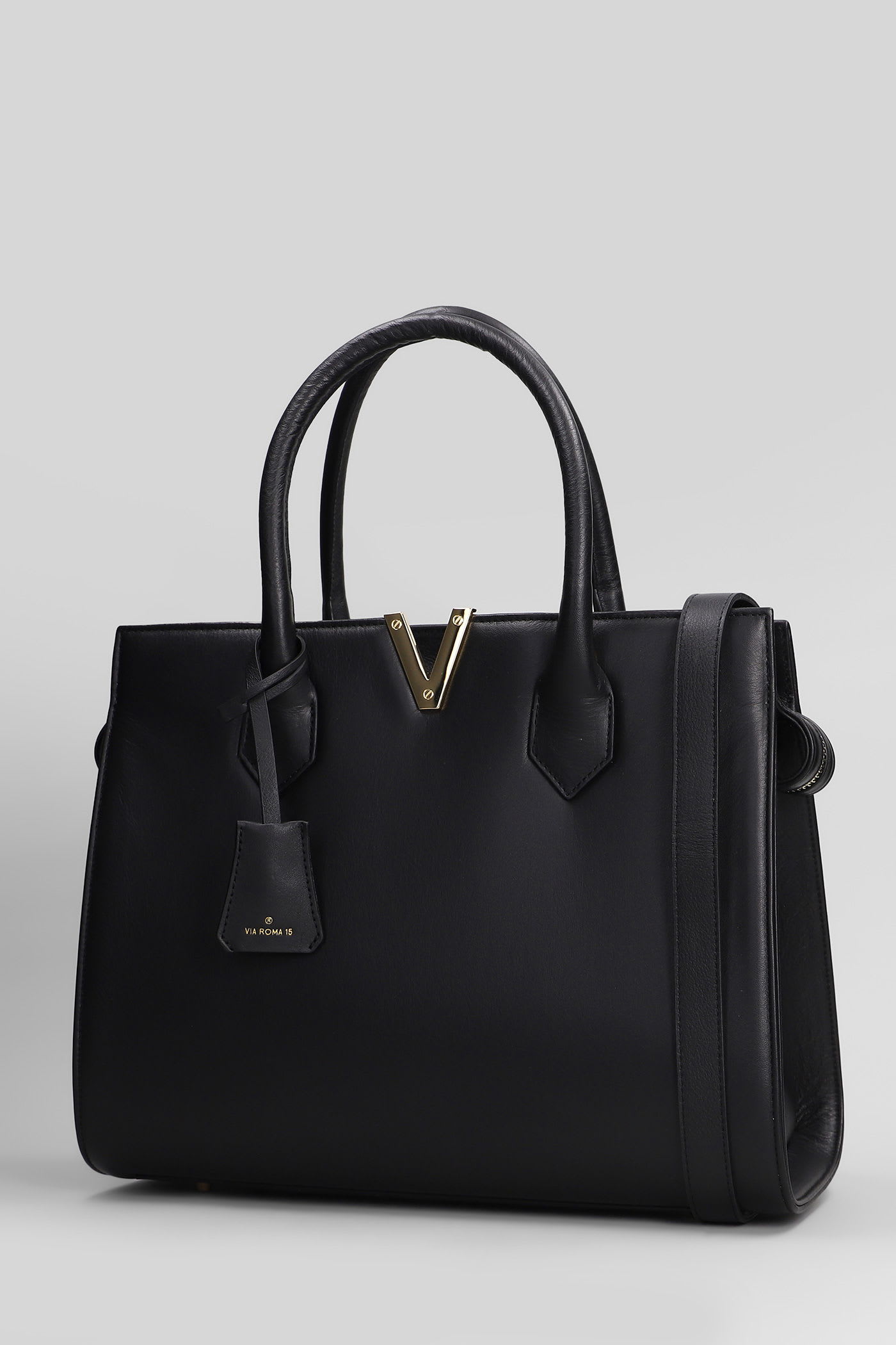 Via Roma 15 Tote In Black Leather In Black