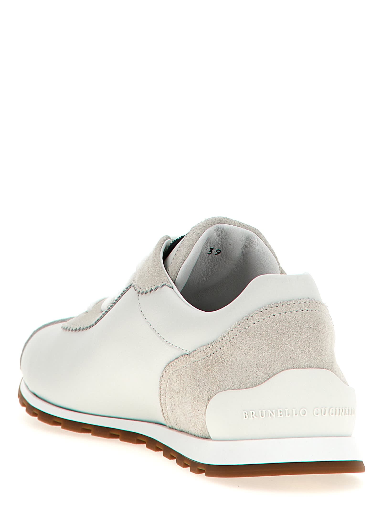 Brunello Cucinelli Embellished Suede-trimmed Stretch-knit Sneakers In Beige