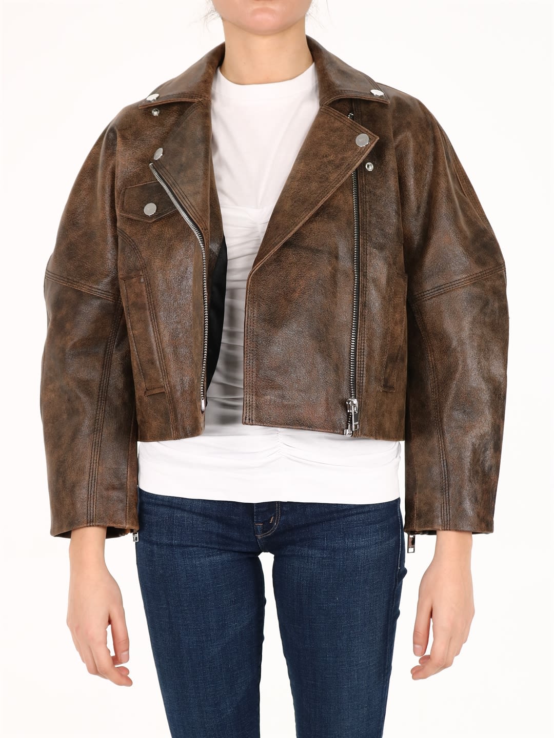 Ganni Washed Leather Jacket In Brown