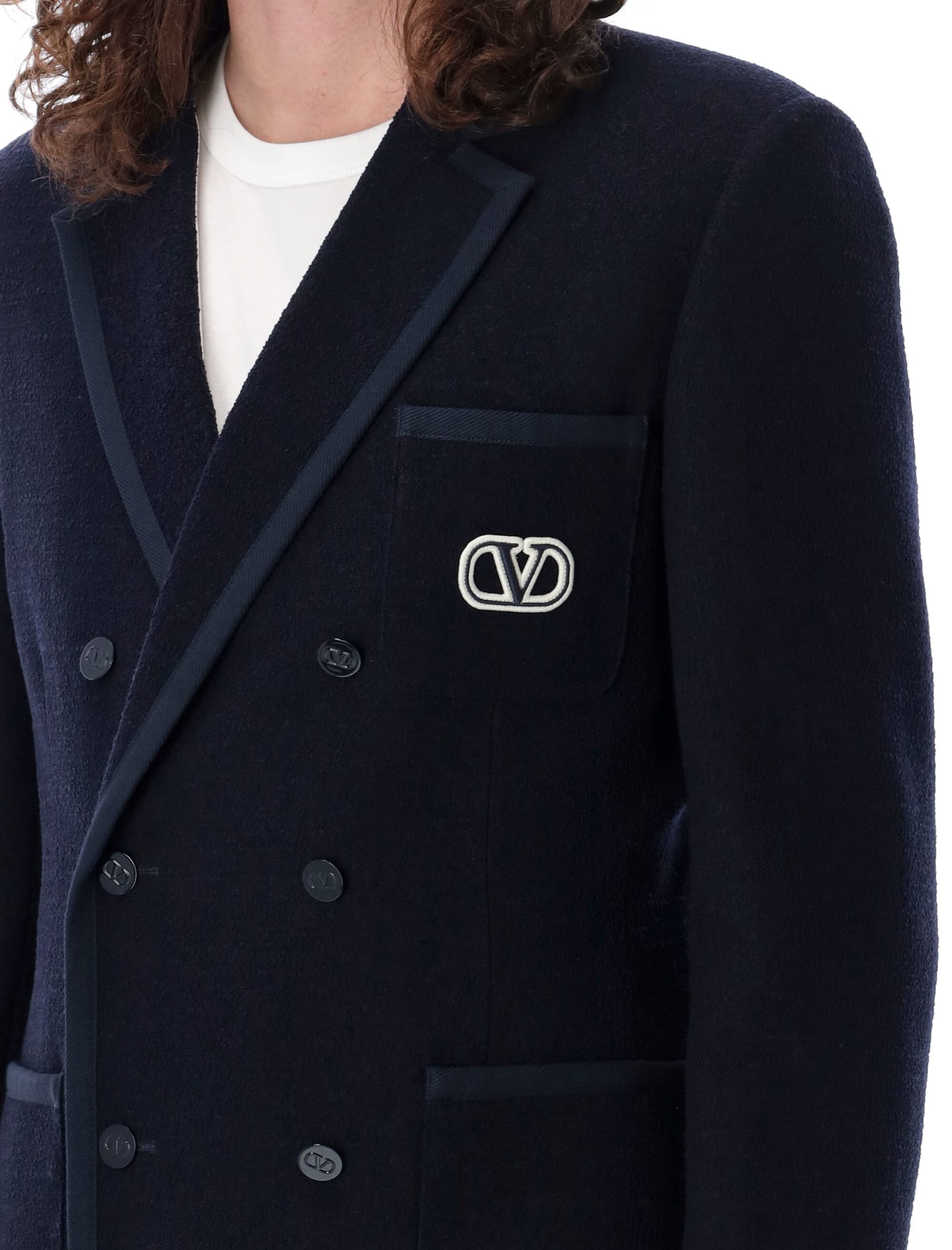 Shop Valentino Bouclé Wool Jacket In Navy