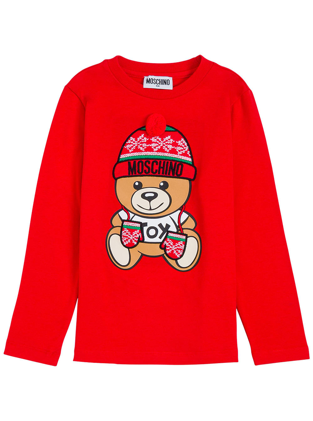 Moschino Long-sleeved Red Cotton T-shirt With Teddy Print