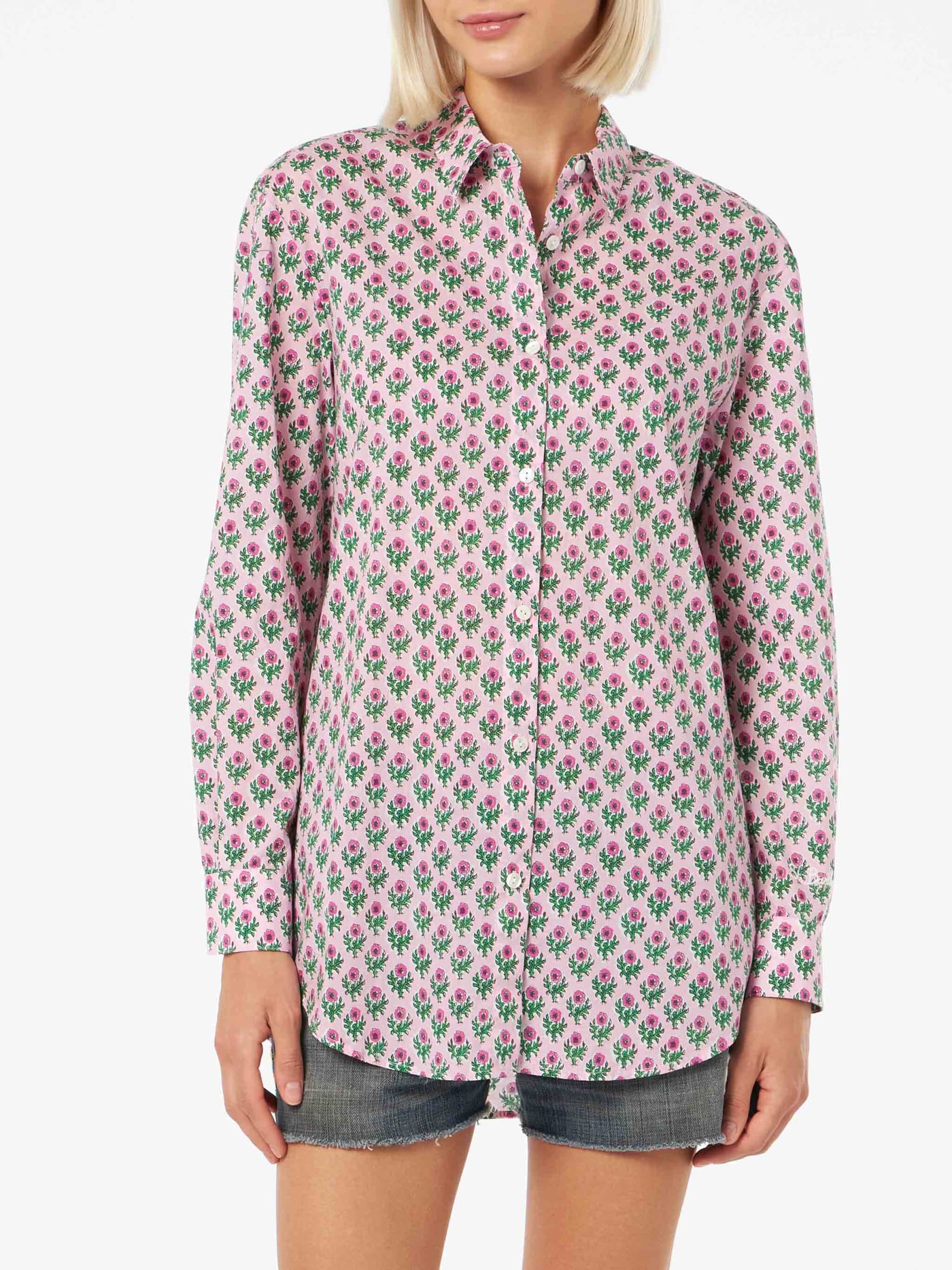 Shop Mc2 Saint Barth Woman Cotton Shirt Brigitte With Flower Print In Pink