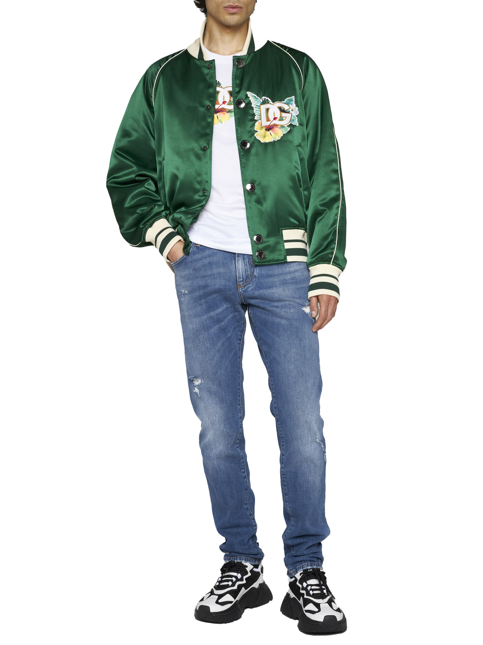 Dolce & Gabbana Logo-print Satin Bomber Jacket In Verde Scuro
