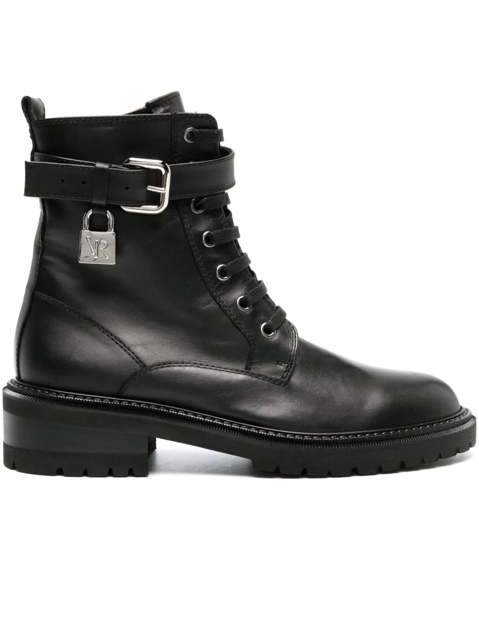 Via Roma 15 Black Calf Leather Military Boots