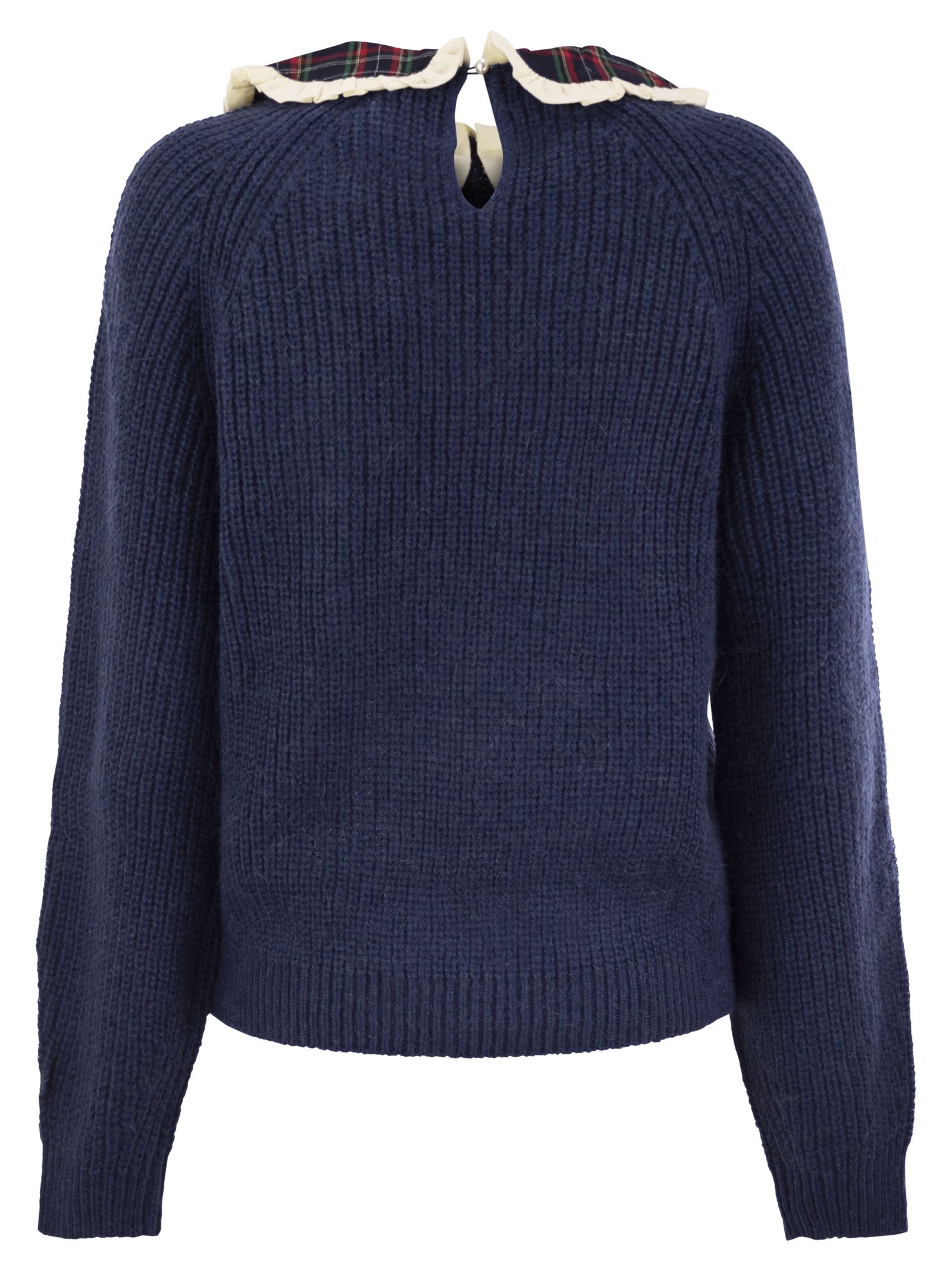Mc2 Saint Barth Calia - Ribbed Jumper With Velvet Collar And Bow In Blue