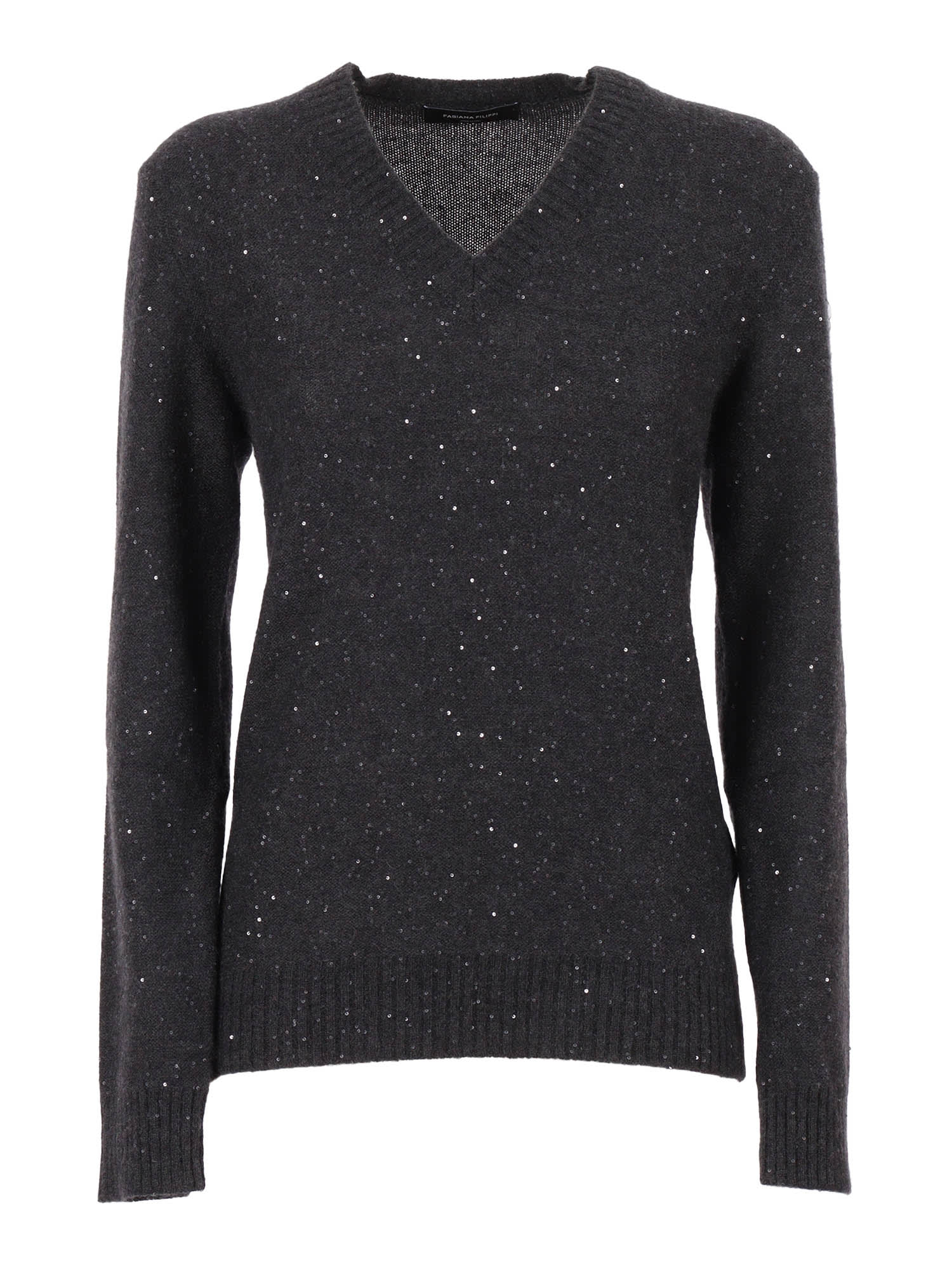 Fabiana Filippi Sequin V Neck Slim Fit Sweater In Gray