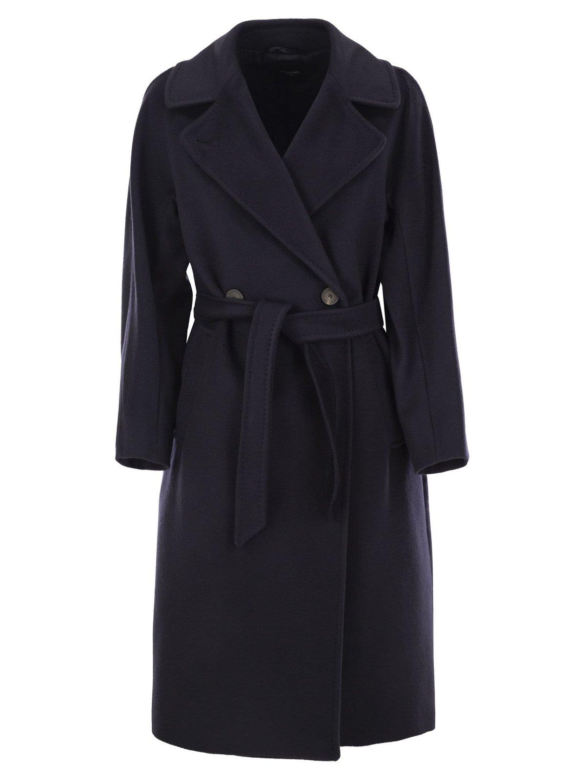 Shop Weekend Max Mara Belted Long-sleeved Coat In Blue