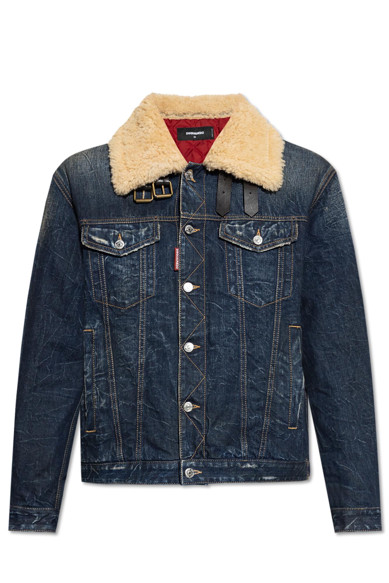 Dsquared2 Denim Aviator Jacket With Shearling Collar And Distressed Finish In Multi