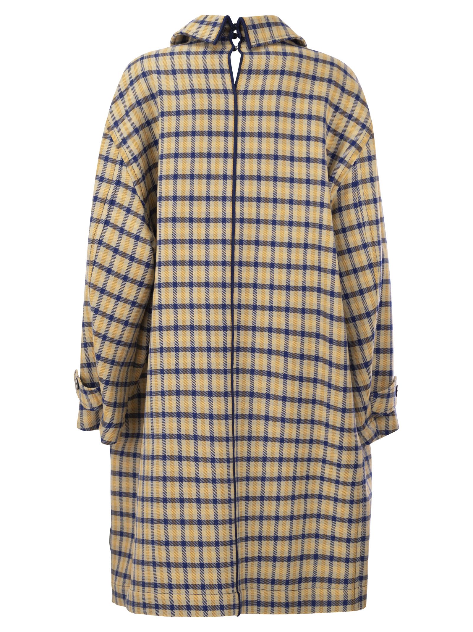 Shop Marni Reversible Wool Coat With Check Pattern In Yellow/blue