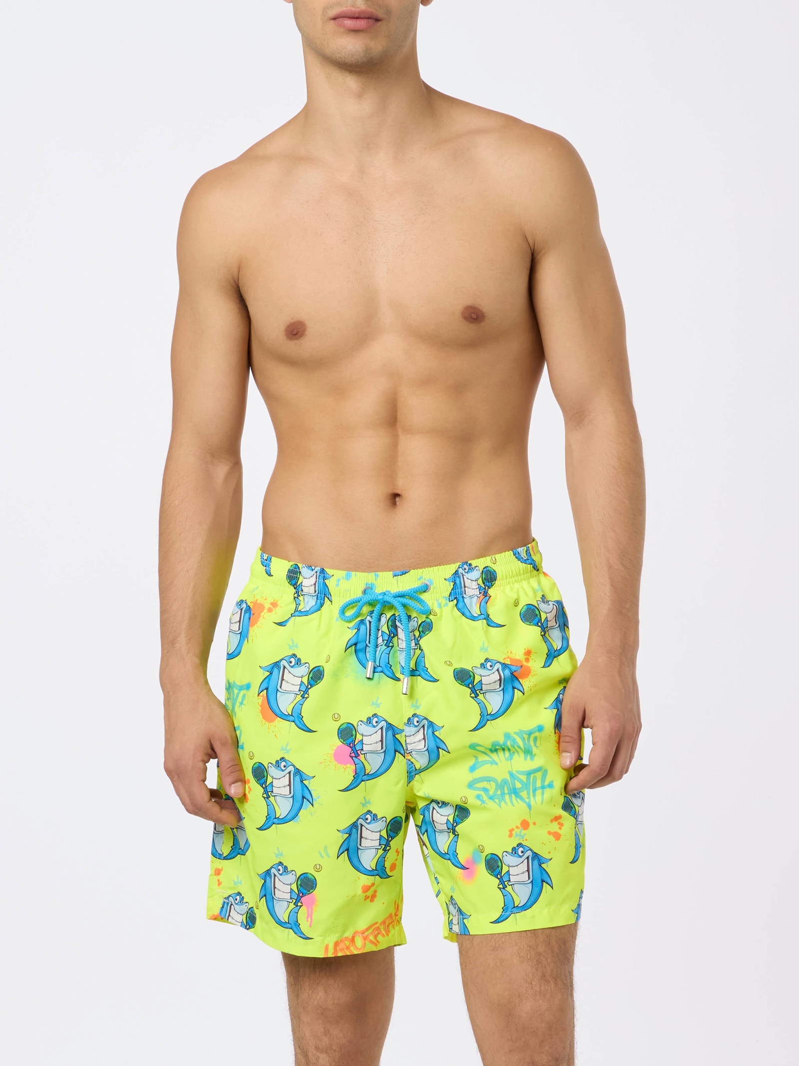 Mc2 Saint Barth Man Lightweight Fabric Swim-shorts Lighting With Cryptopuppets Print Cryptopuppets Special Edition In Fluo
