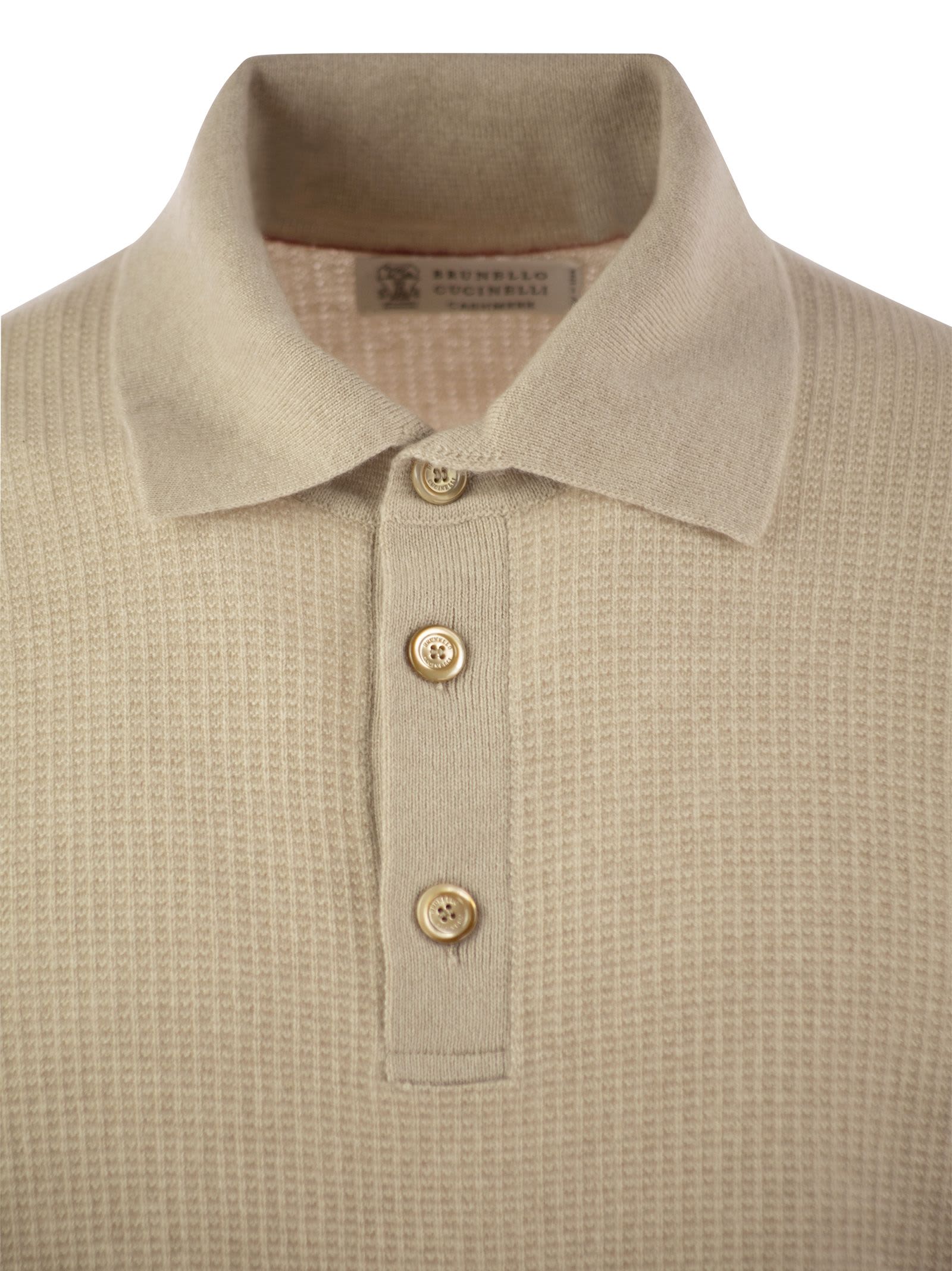 Shop Brunello Cucinelli Waffle Stitch Cashmere Knit Polo Shirt With Long Sleeve In Sand