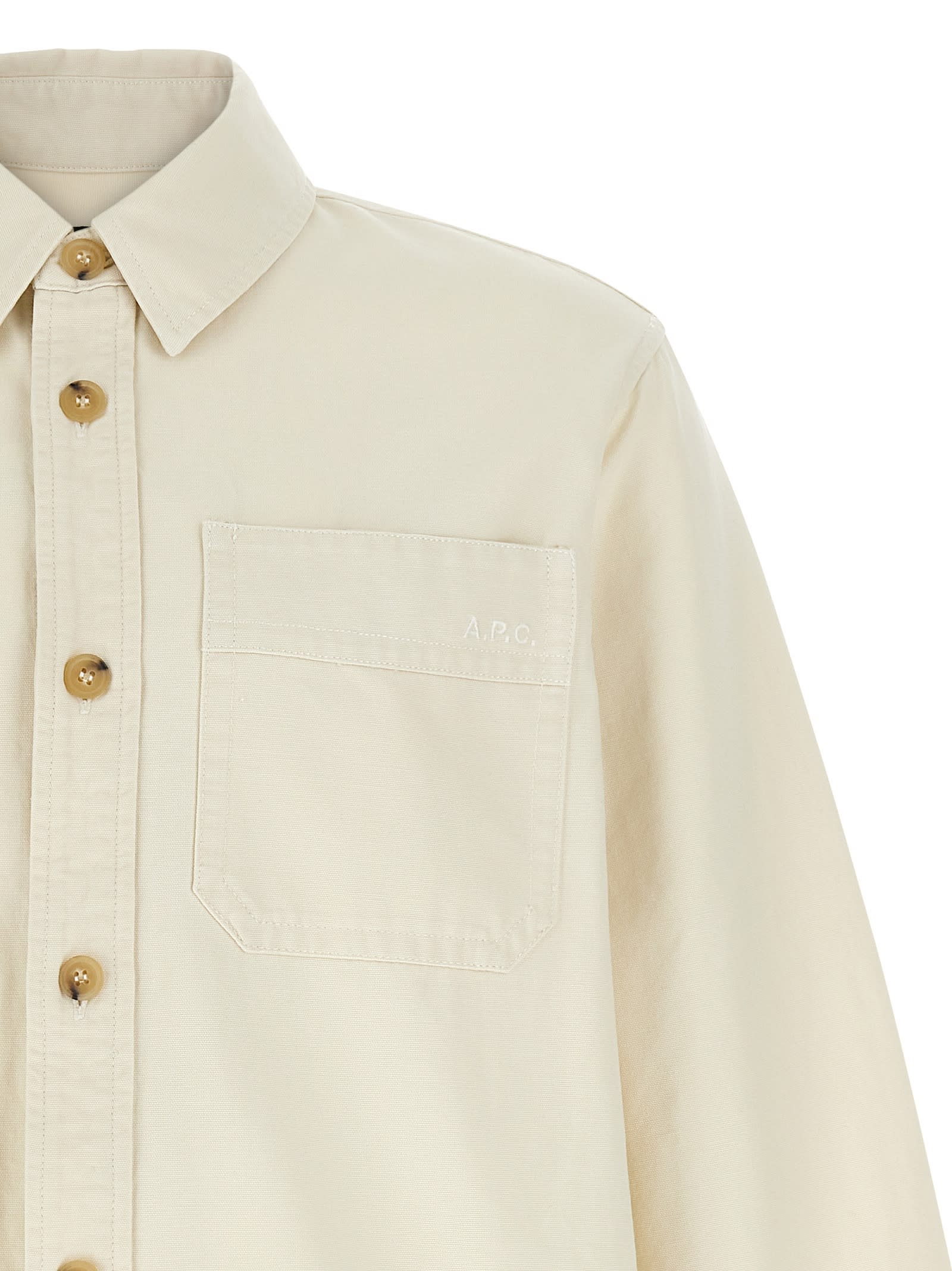 Apc Long-sleeve Cotton Shirt With Classic Collar In Beige