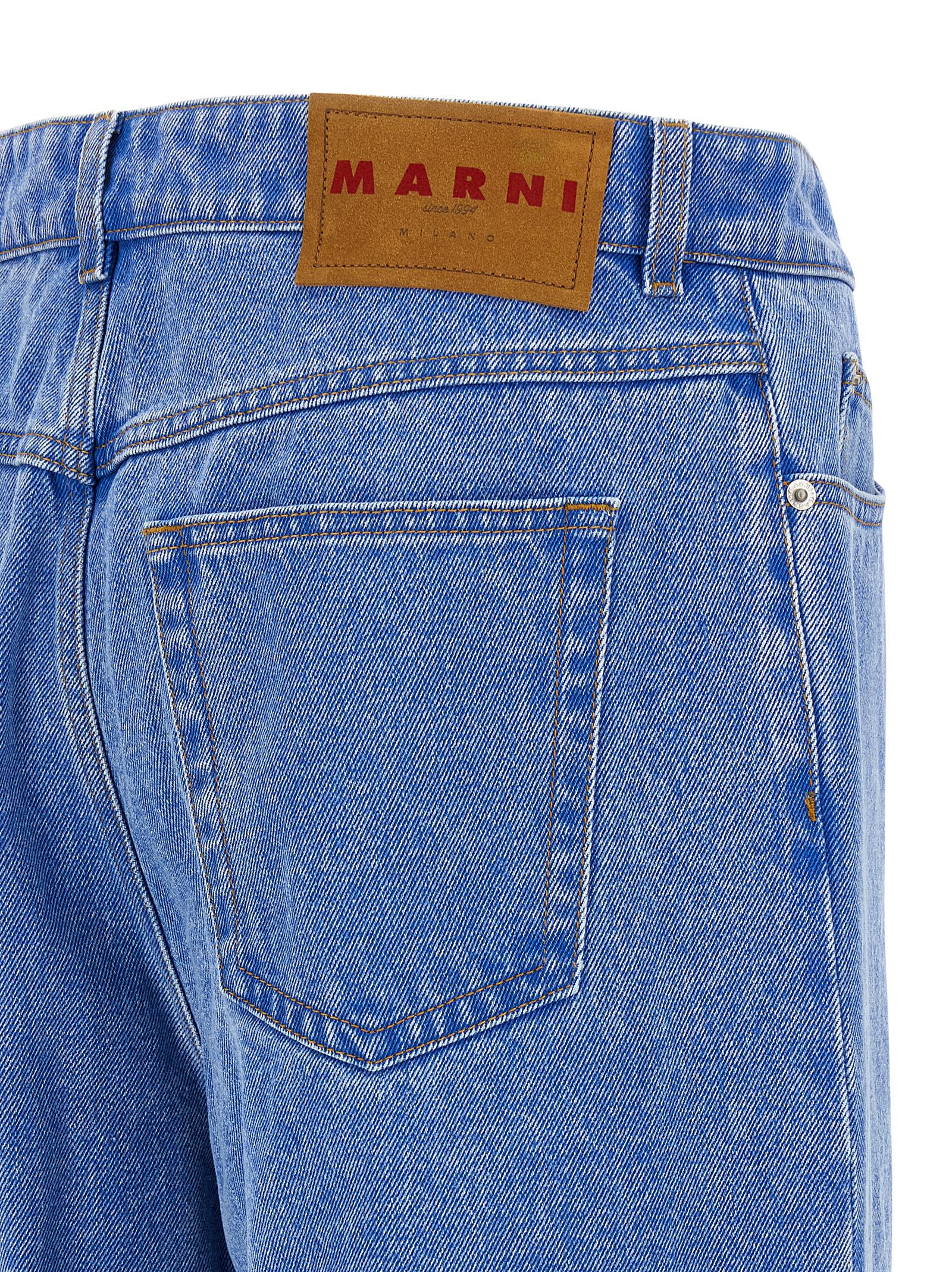 Marni Wide-leg Pleat Jeans With Contrast Stitching And Suede Logo In Blue