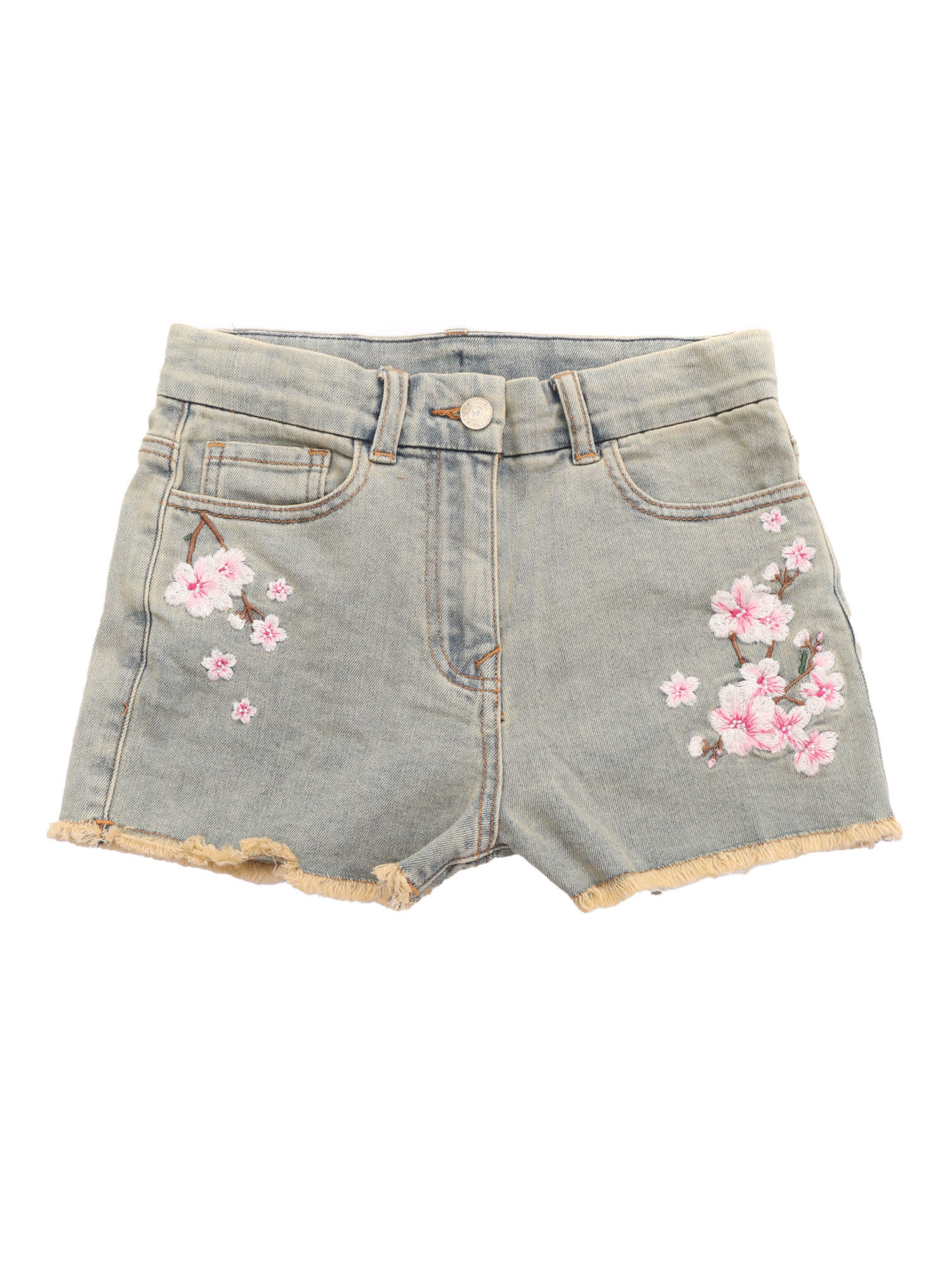 Monnalisa Peach Blossom Printed Denim Shorts In Grey
