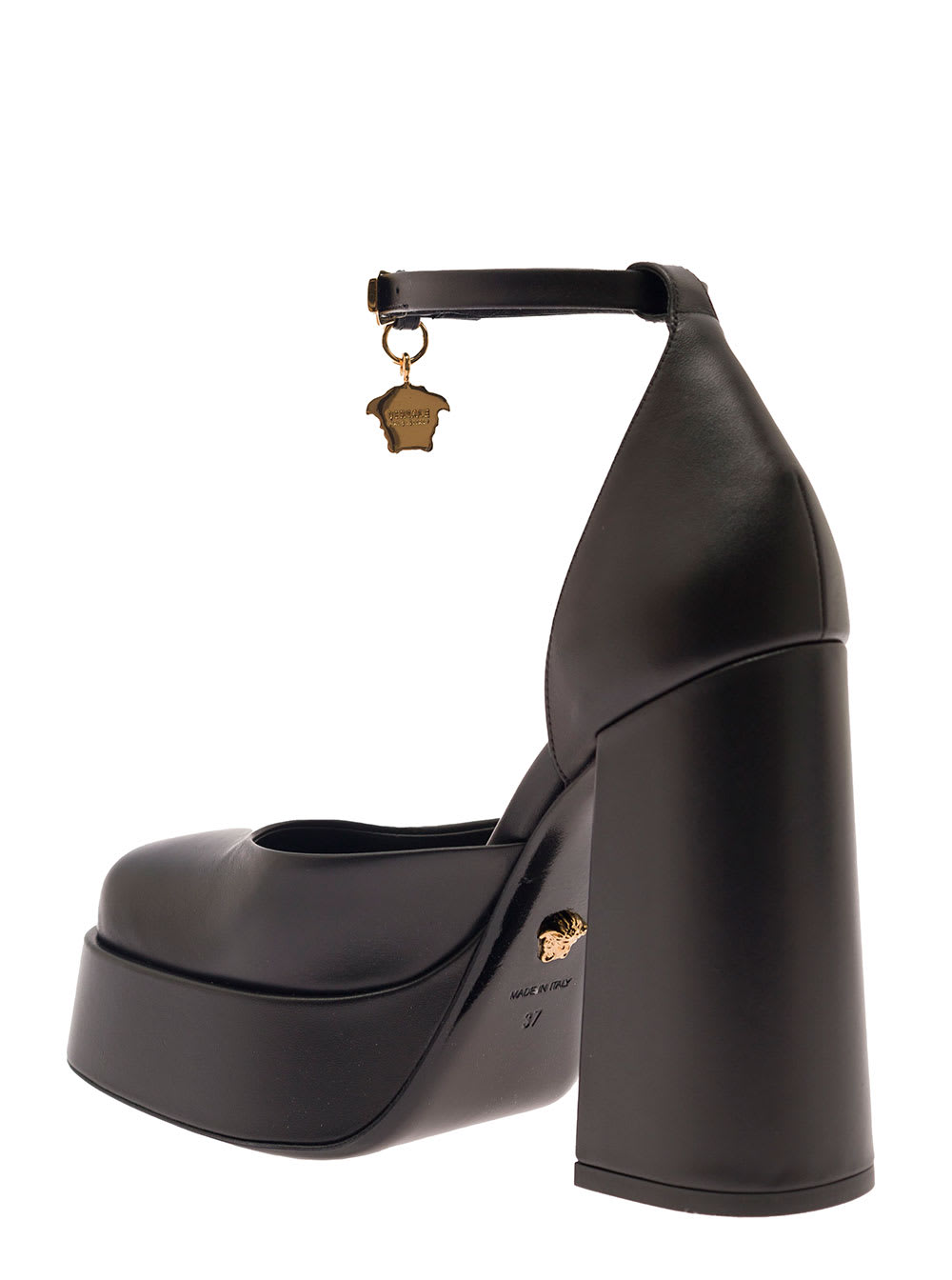 Shop Versace Aevitas Black Pumps With Medusa Charm And Platform In Leather Woman In Nero