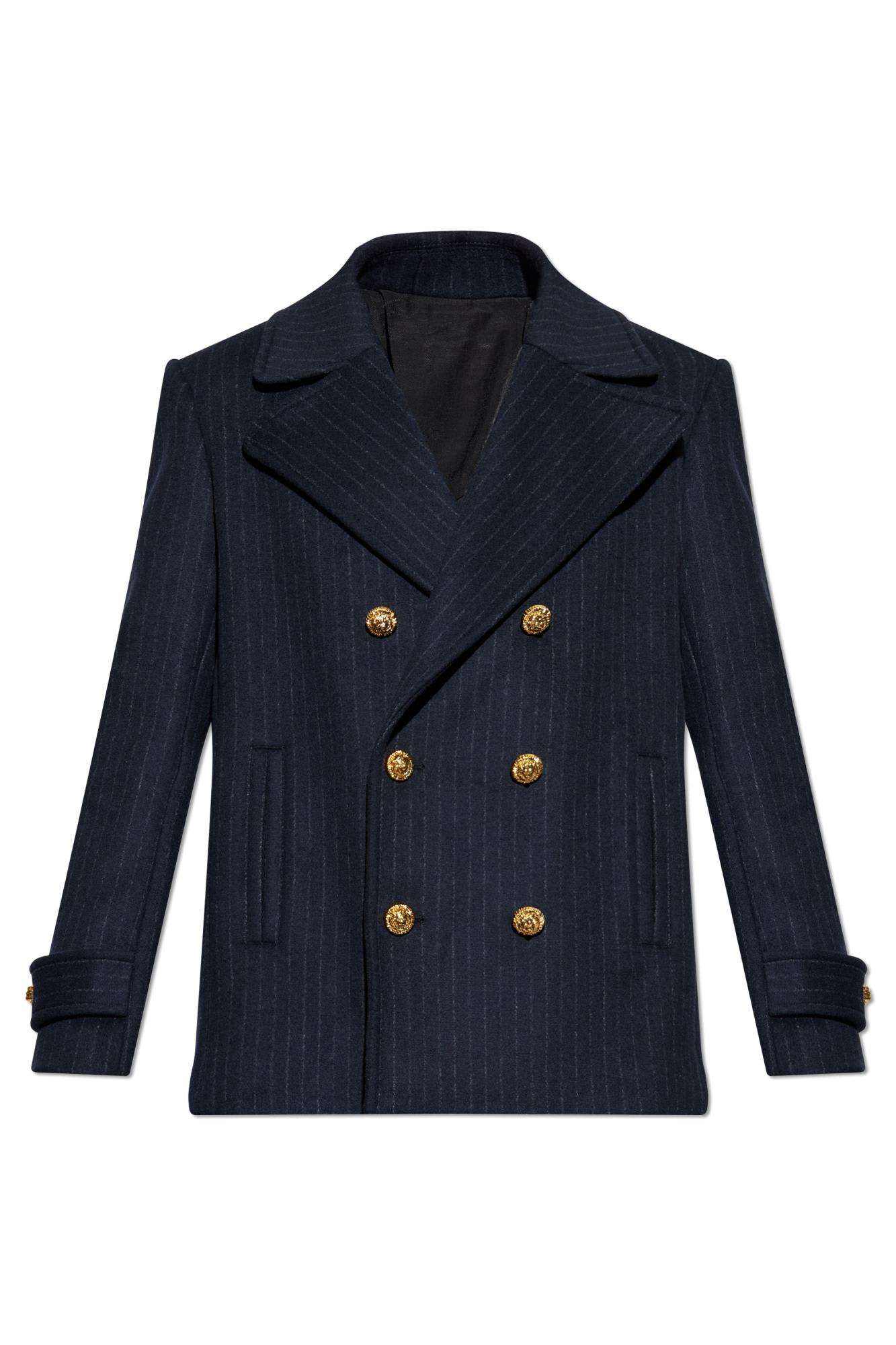 Balmain Merino Wool-blend Stripe Pea Coat In Blue